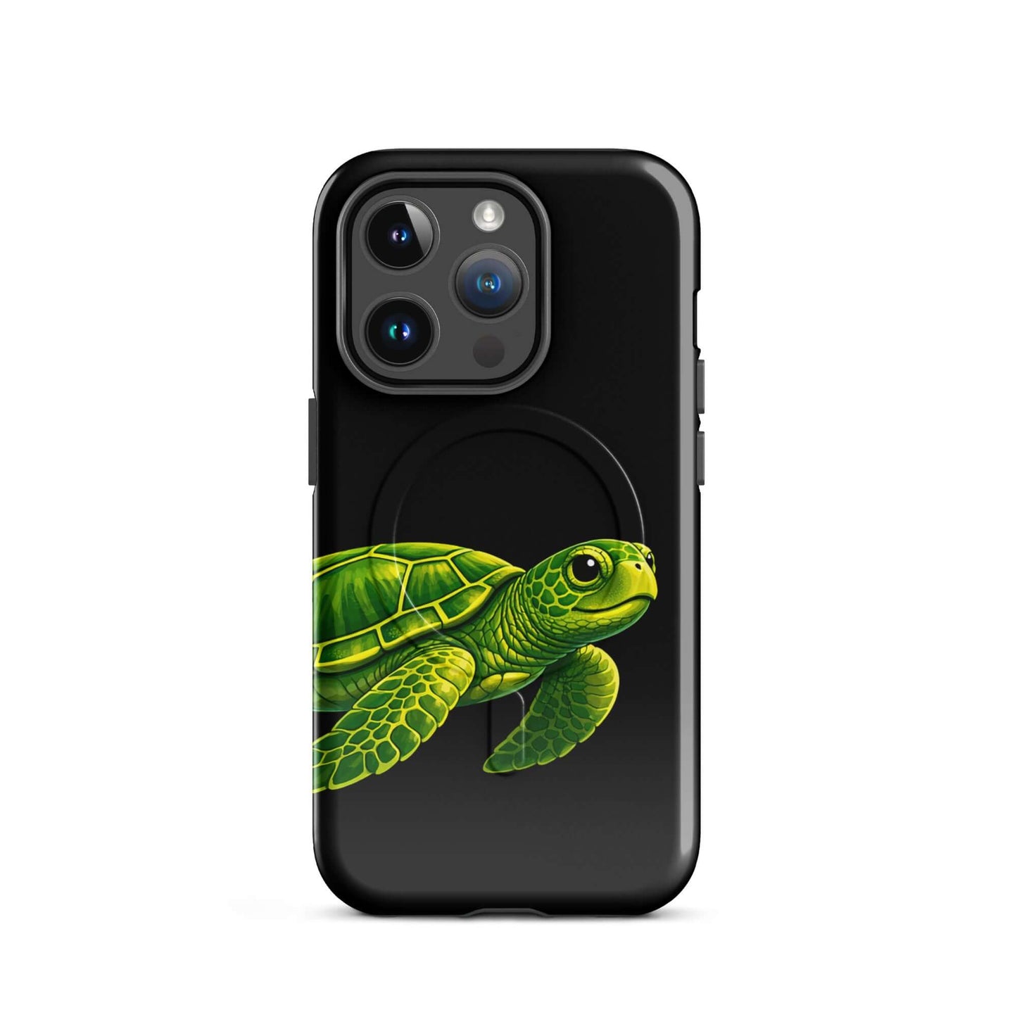 Magnetic Phone Case with vibrant sea turtle design on black background for iPhone, combining style and protection.
