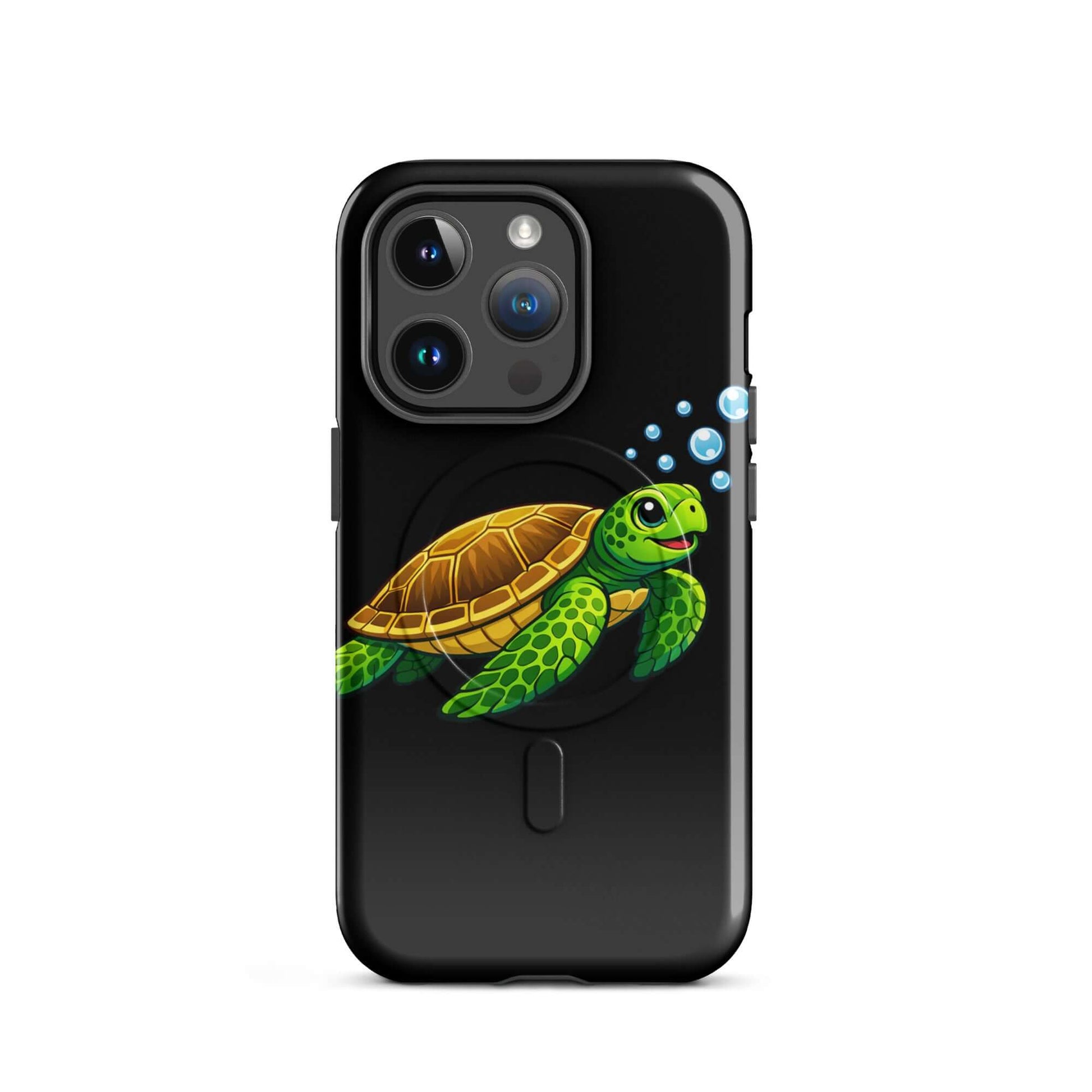Magnetic Phone Case featuring vibrant sea turtle artwork with bubbles for iPhone protection and style.