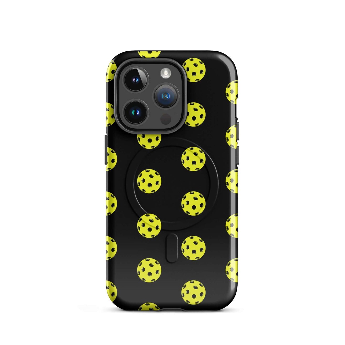 Magnetic Phone Case with pickleball pattern in bold yellow dots on a black background for sporty style.
