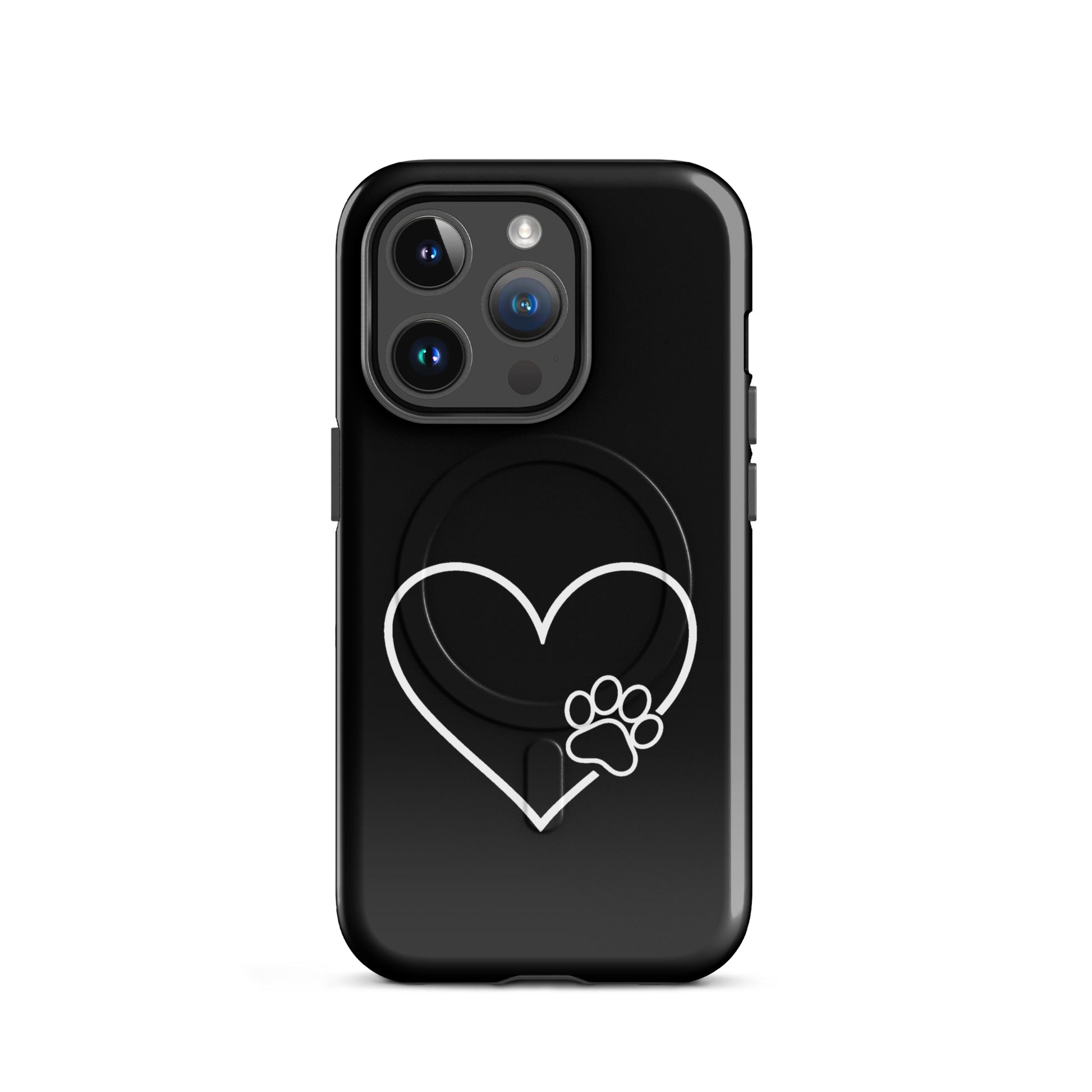 Magnetic Phone Case with heart and paw print design for iPhone, showcasing elegant style and pet lover appeal in black and white.