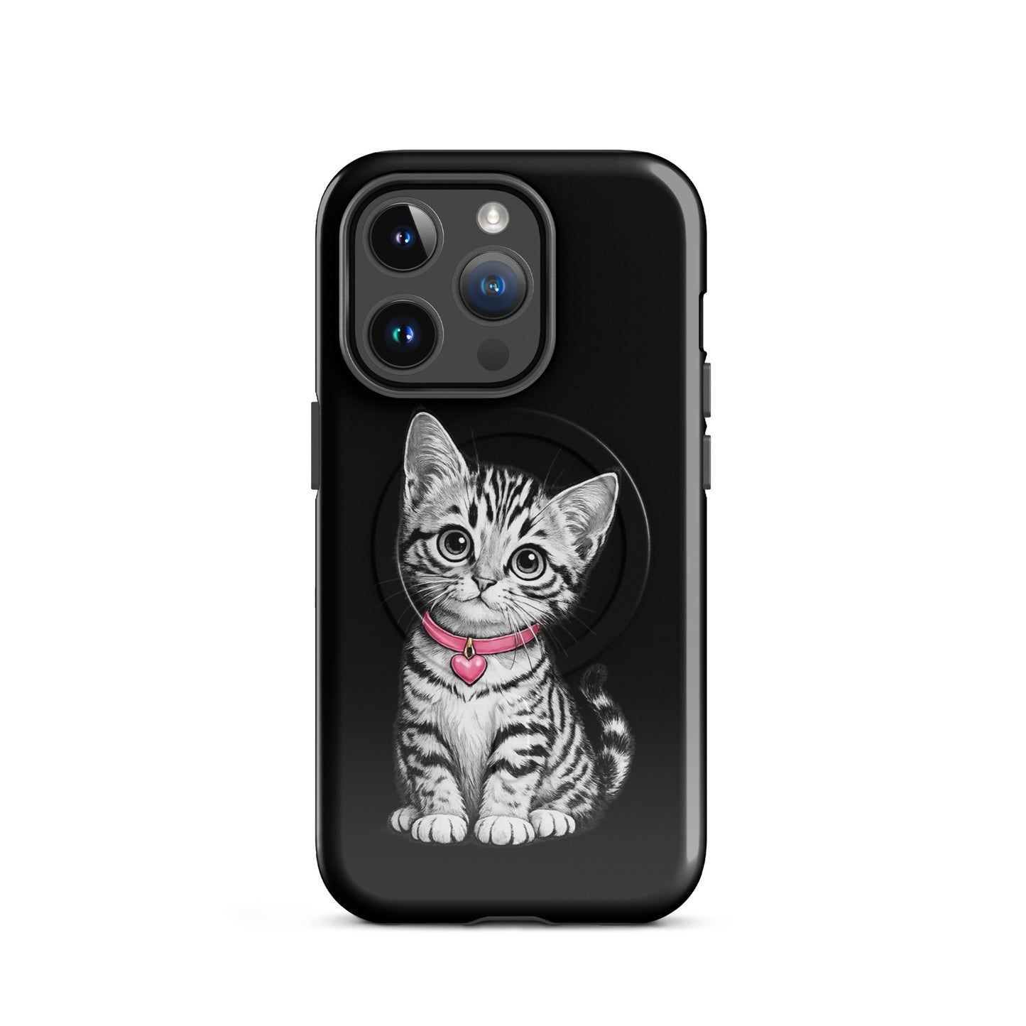 Magnetic Phone Case for iPhone with kitten and heart charm design in black and white with pink collar.