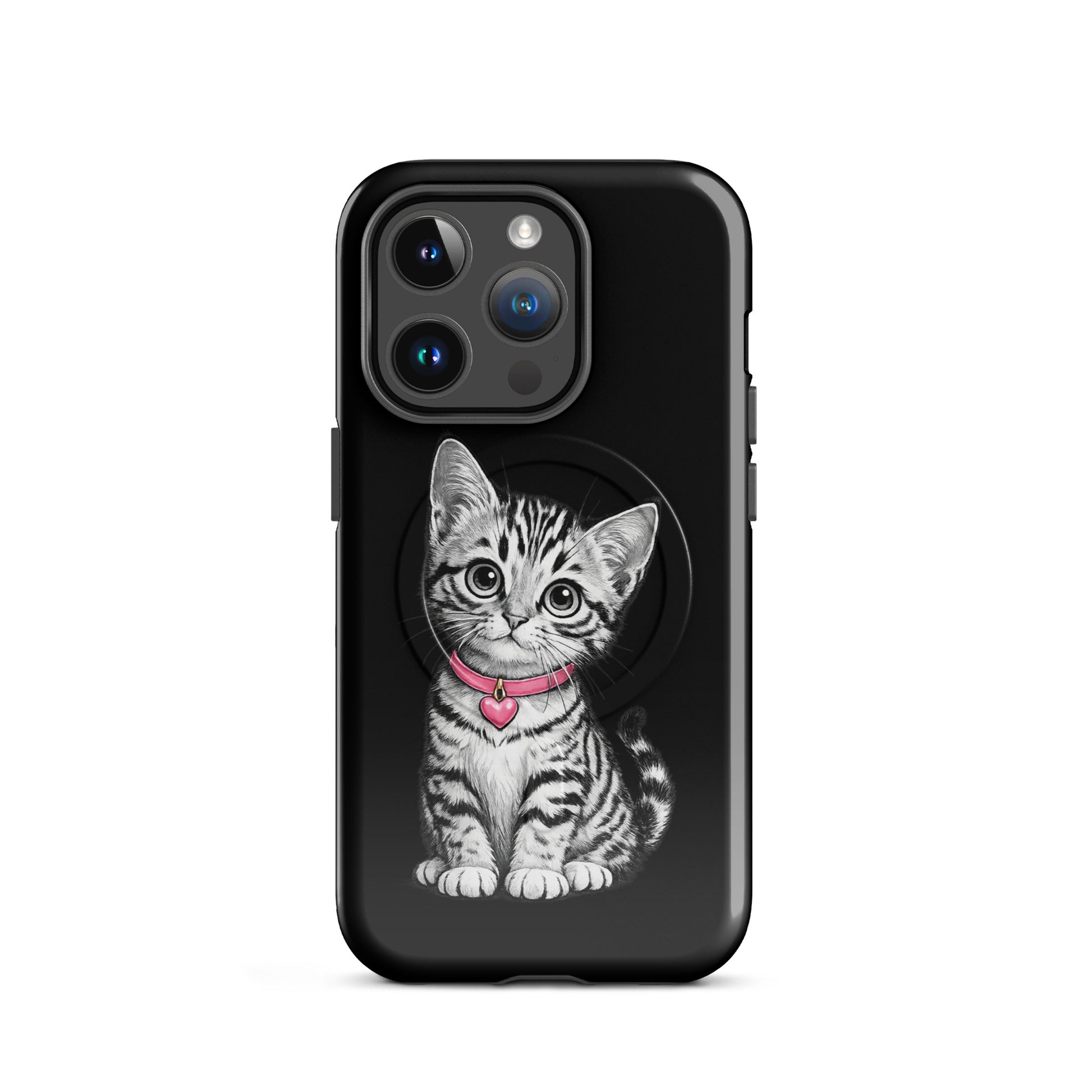 Magnetic Phone Case for iPhone with kitten and heart charm design in black and white with pink collar.