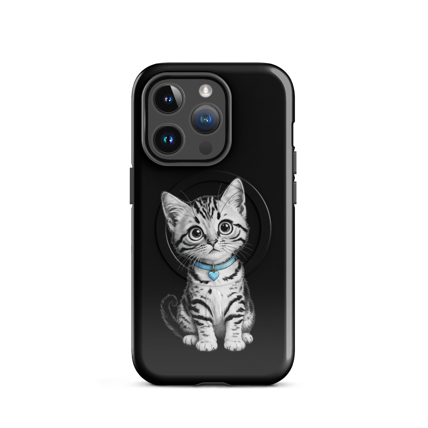 Magnetic Phone Case featuring a pencil-sketch kitten with a blue collar and heart charm on black iPhone accessory.
