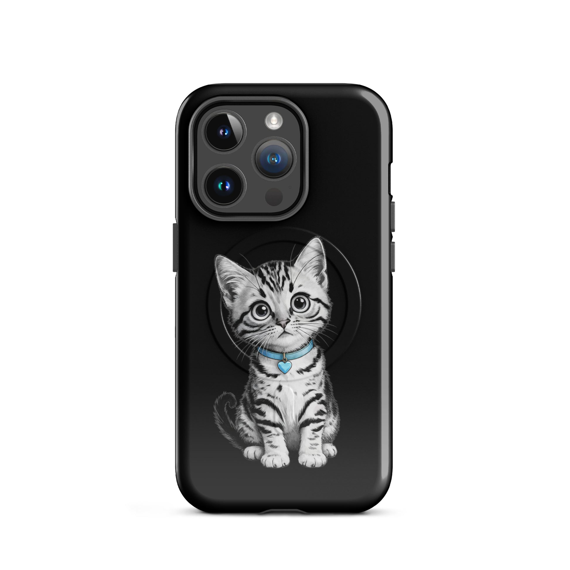 Magnetic Phone Case featuring a pencil-sketch kitten with a blue collar and heart charm on black iPhone accessory.