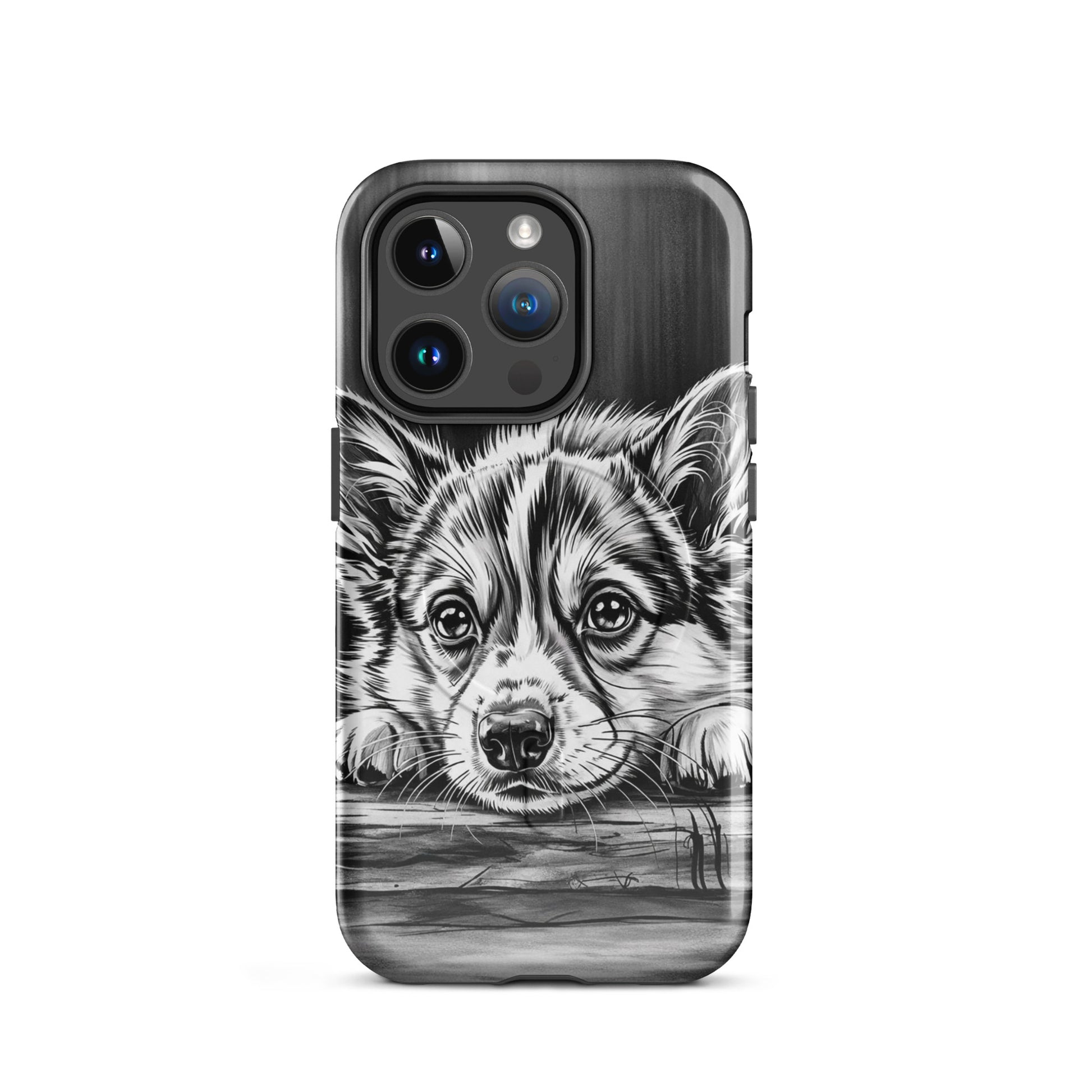Magnetic Phone Case for iPhone with elegant puppy art, featuring a detailed black-and-white illustration on aged wood for premium protection.