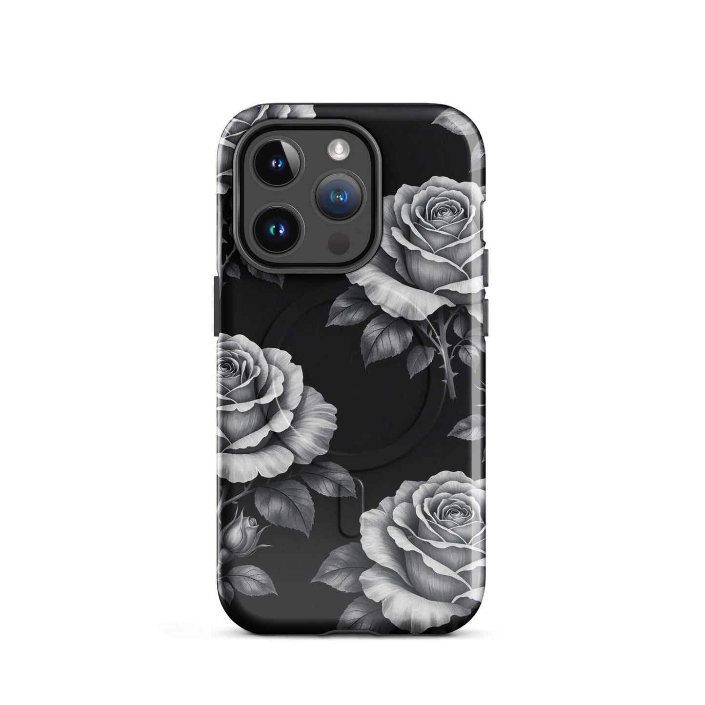 Magnetic Phone Case for iPhone with rose garden design in pencil-stencil style on black background