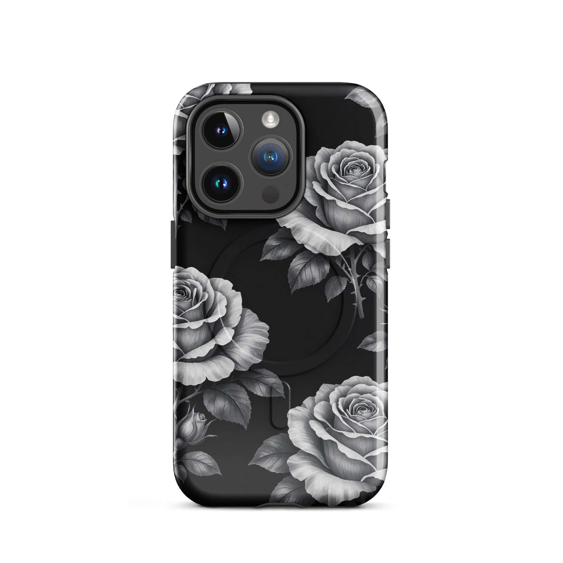 Magnetic Phone Case for iPhone with rose garden design in pencil-stencil style on black background