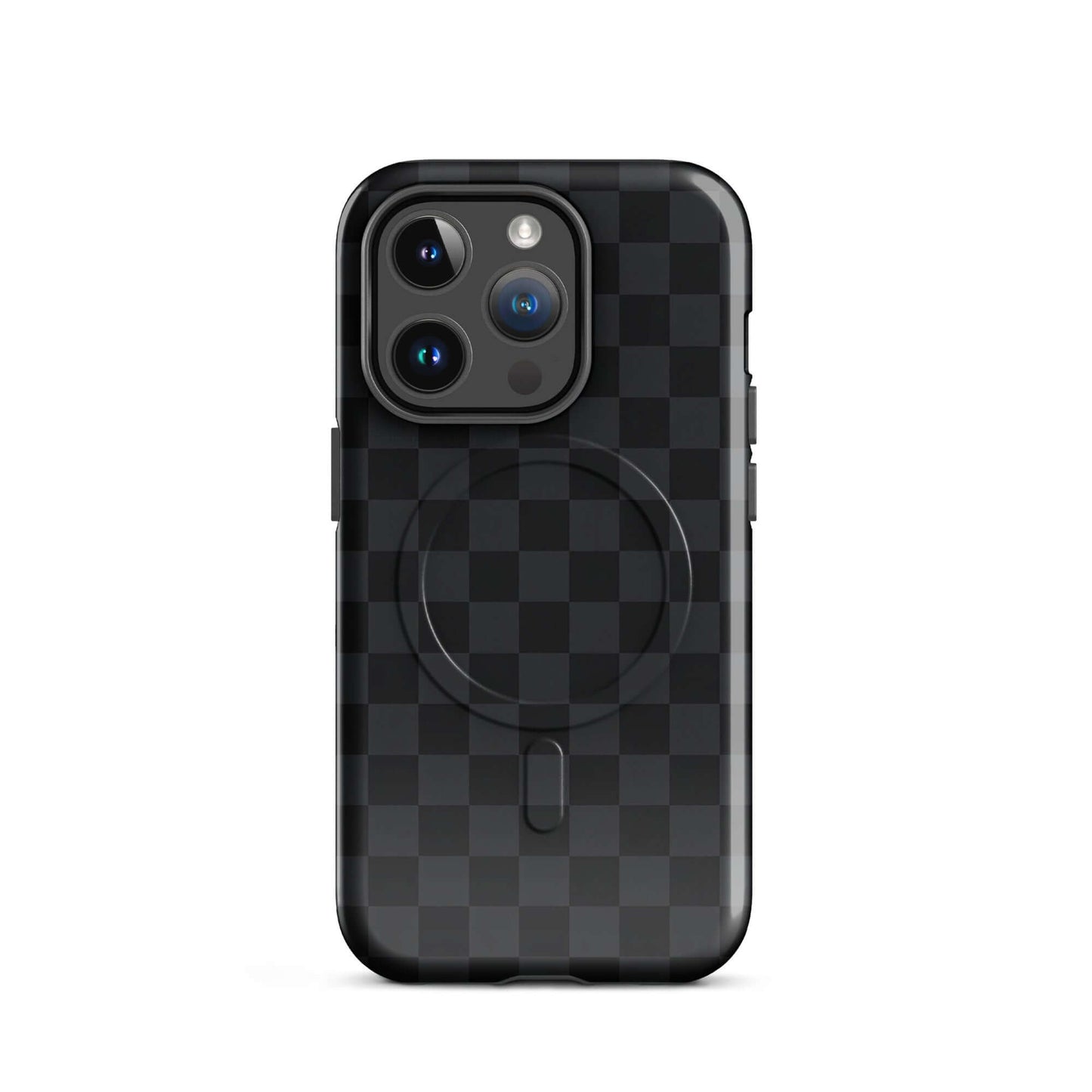 Magnetic Phone Case with black and charcoal checkered design for iPhone, offering sleek style and protection.