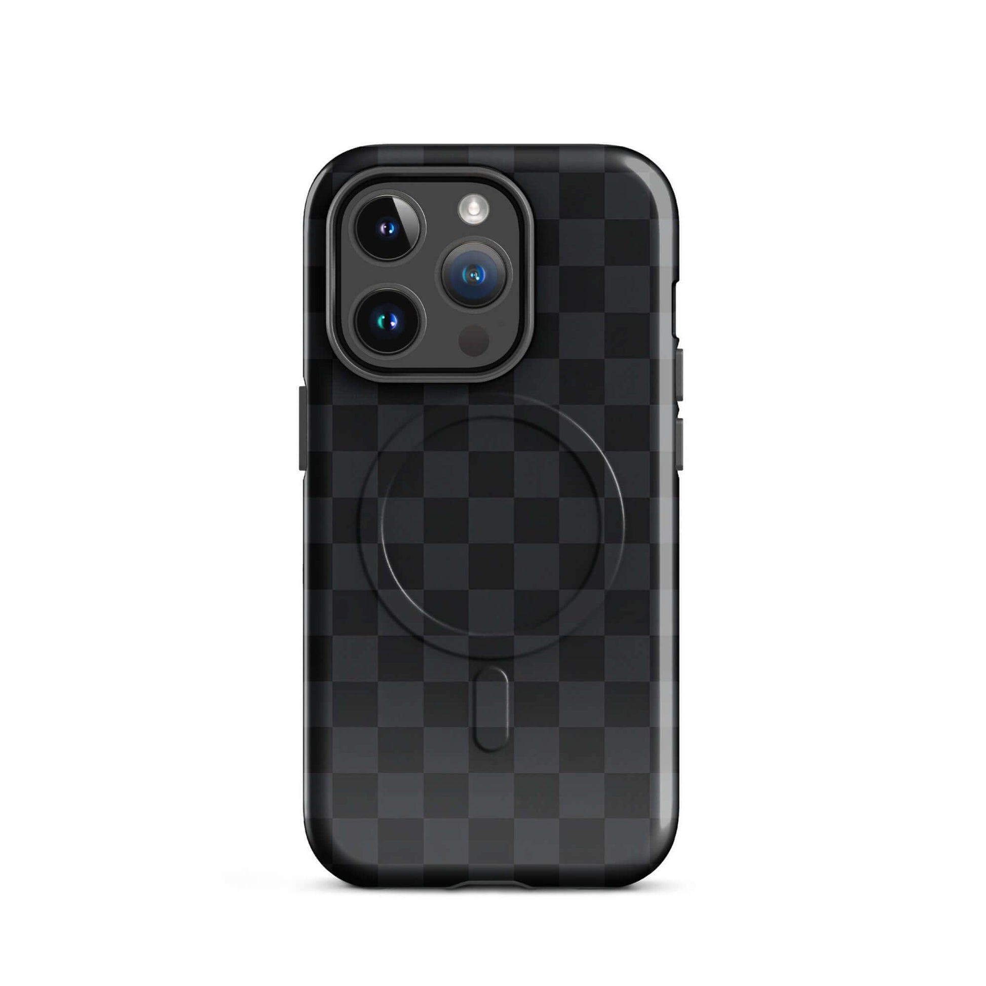 Magnetic Phone Case with black and charcoal checkered design for iPhone, offering sleek style and protection.