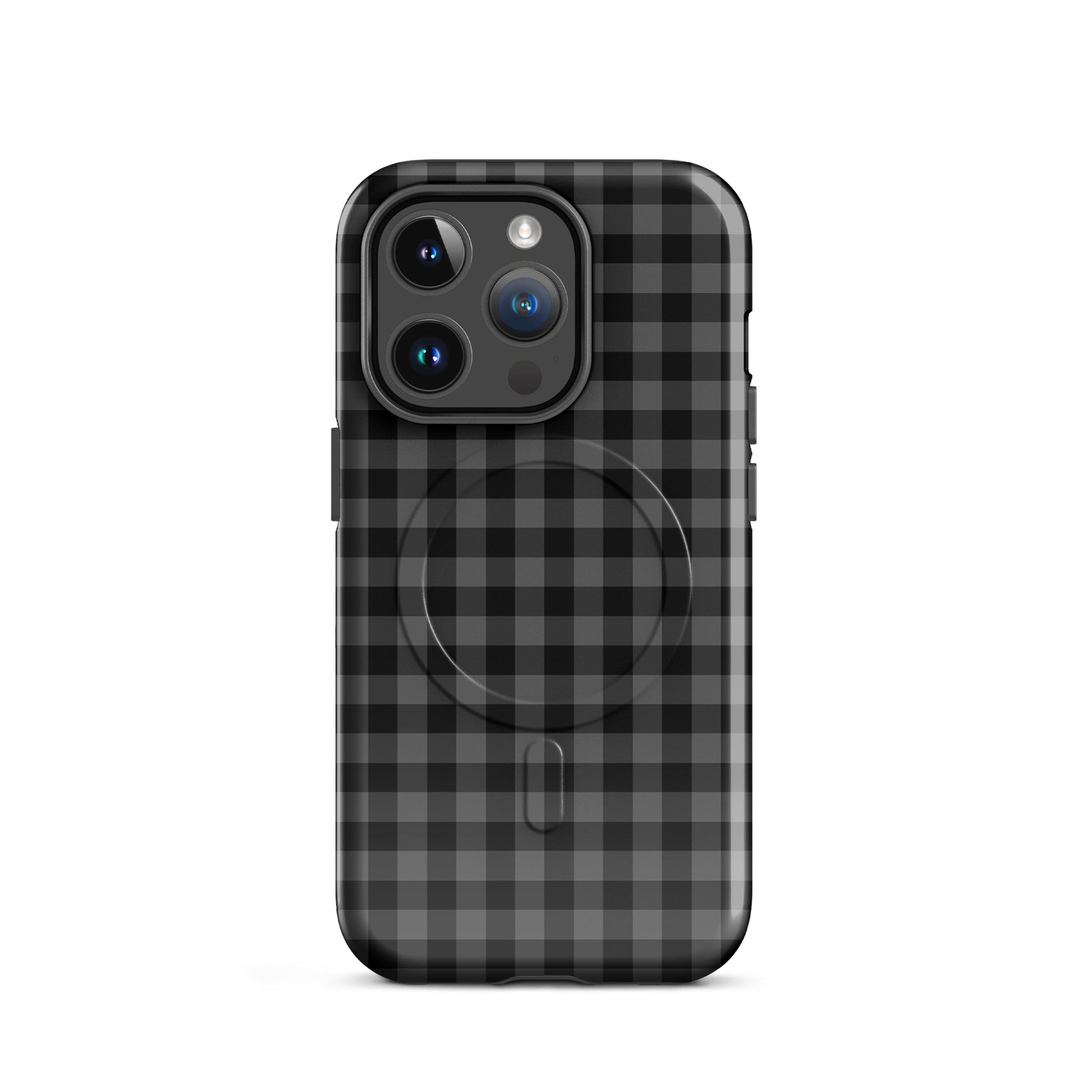 Magnetic Phone Case with black-and-charcoal gingham pattern for iPhone, modern stylish design and durable protection