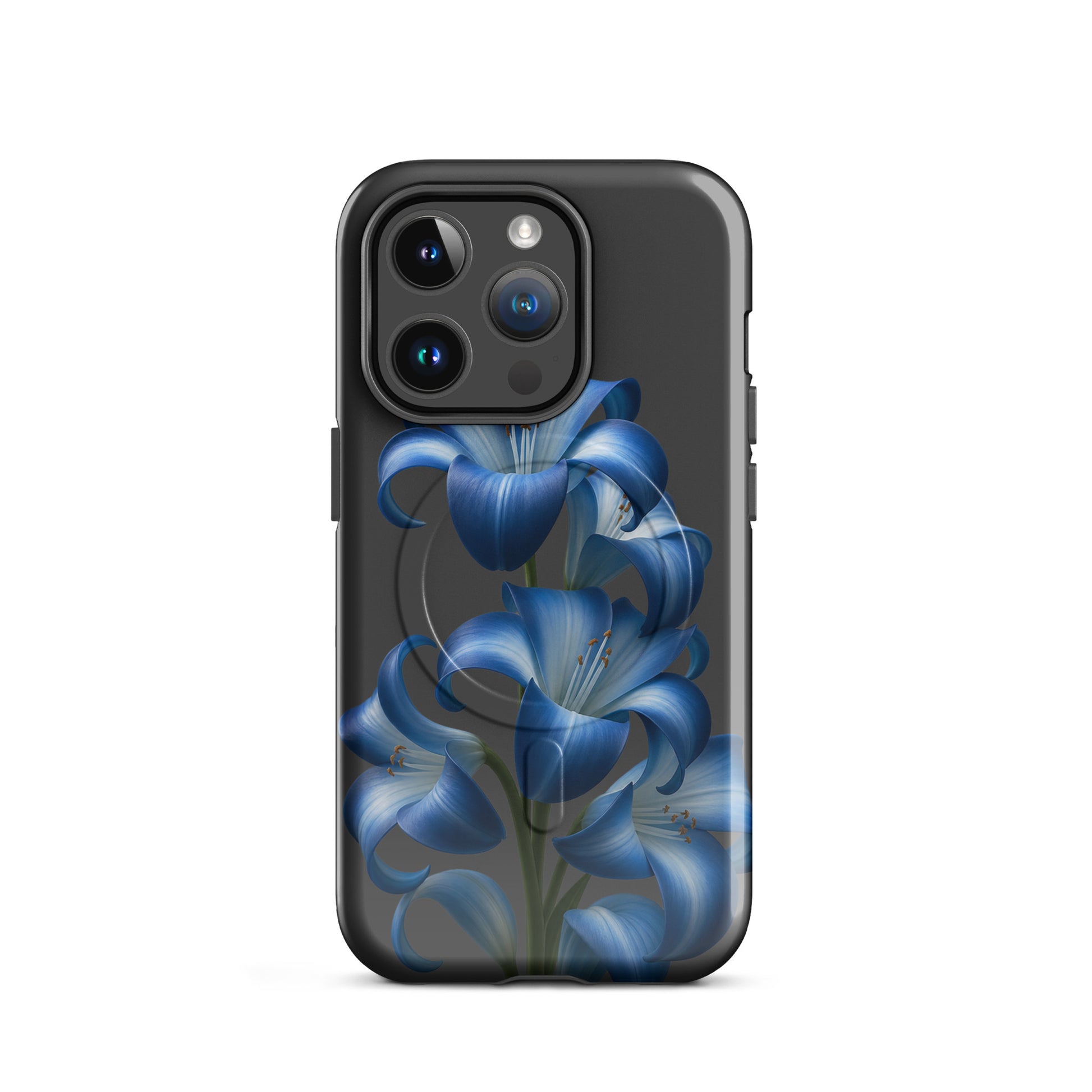 Magnetic Phone Case with Blue Lily Bloom Art for iPhone, featuring a sleek design and vibrant floral pattern on a dark backdrop.