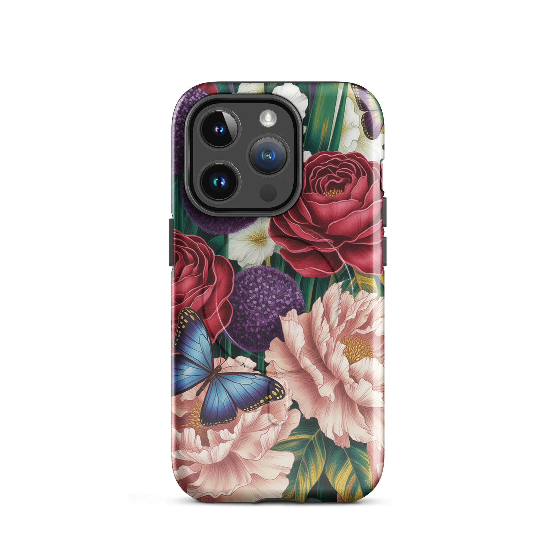 Magnetic Phone Case for iPhone with botanical garden design featuring crimson roses, pink peonies, purple alliums, and sapphire-blue butterflies.