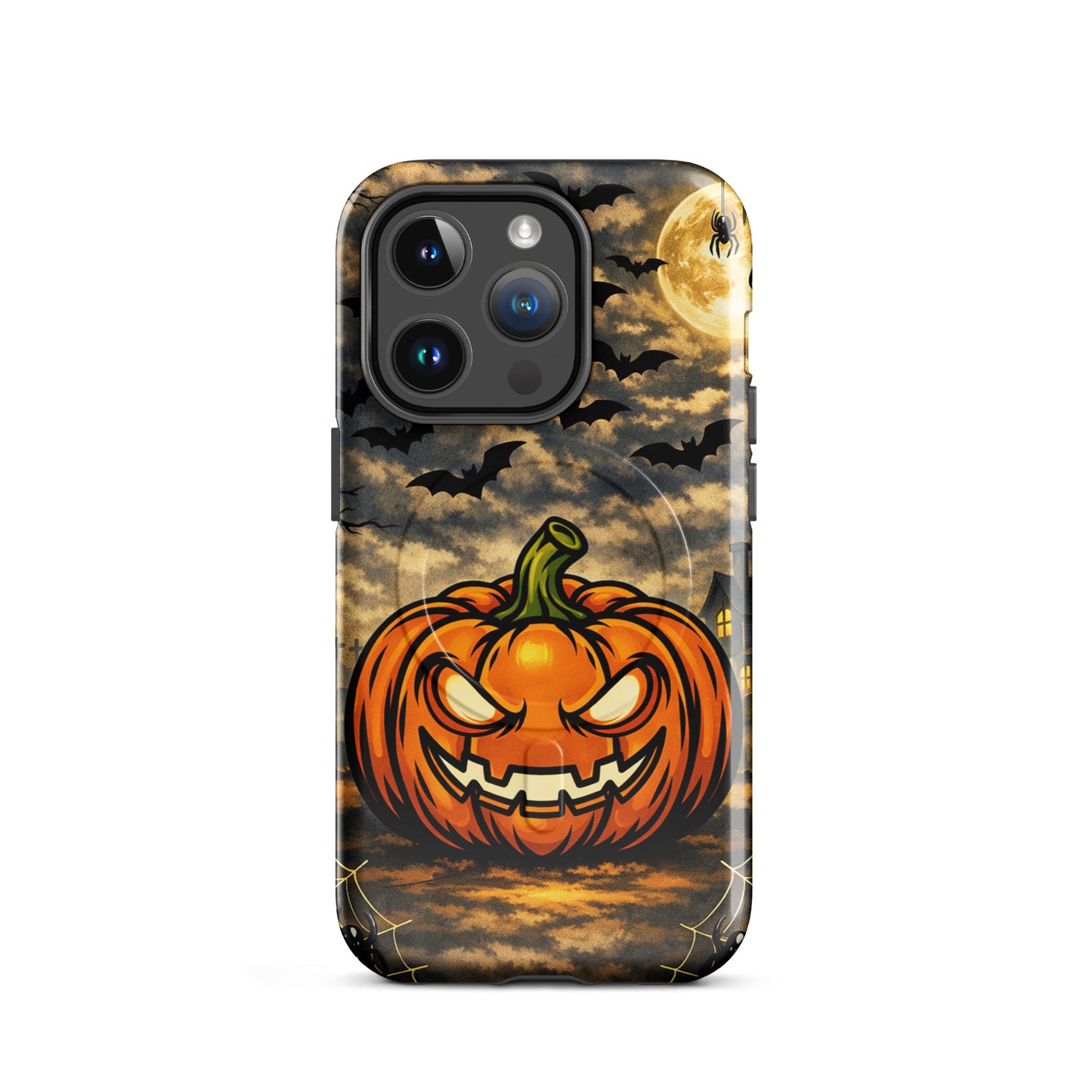 Magnetic Phone Case featuring Halloween scene with pumpkin, bats, moon, and haunted house design.