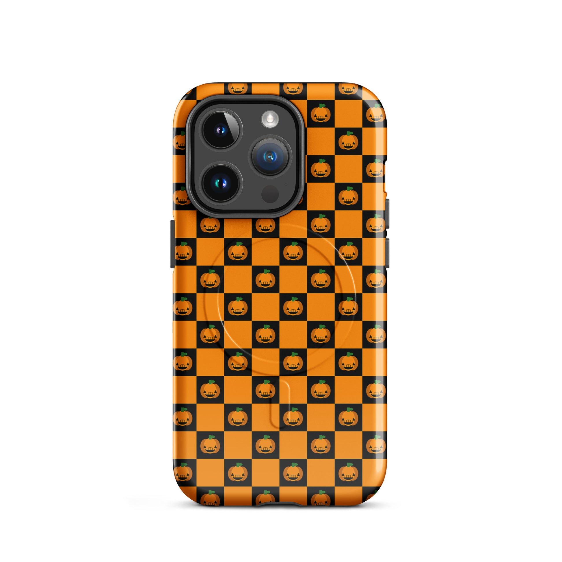 Magnetic Phone Case for iPhone with pumpkin checkered Halloween design featuring orange and black squares and jack-o'-lanterns.