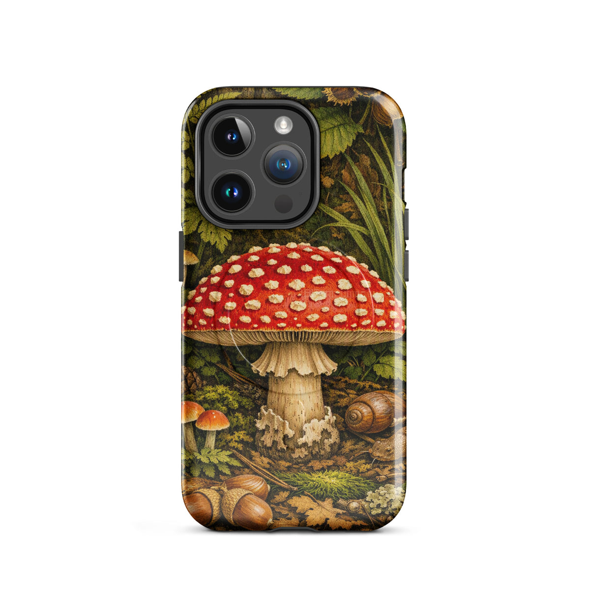 Magnetic Phone Case for iPhone featuring Amanita Muscaria mushroom with vivid red cap and white spots in forest setting.