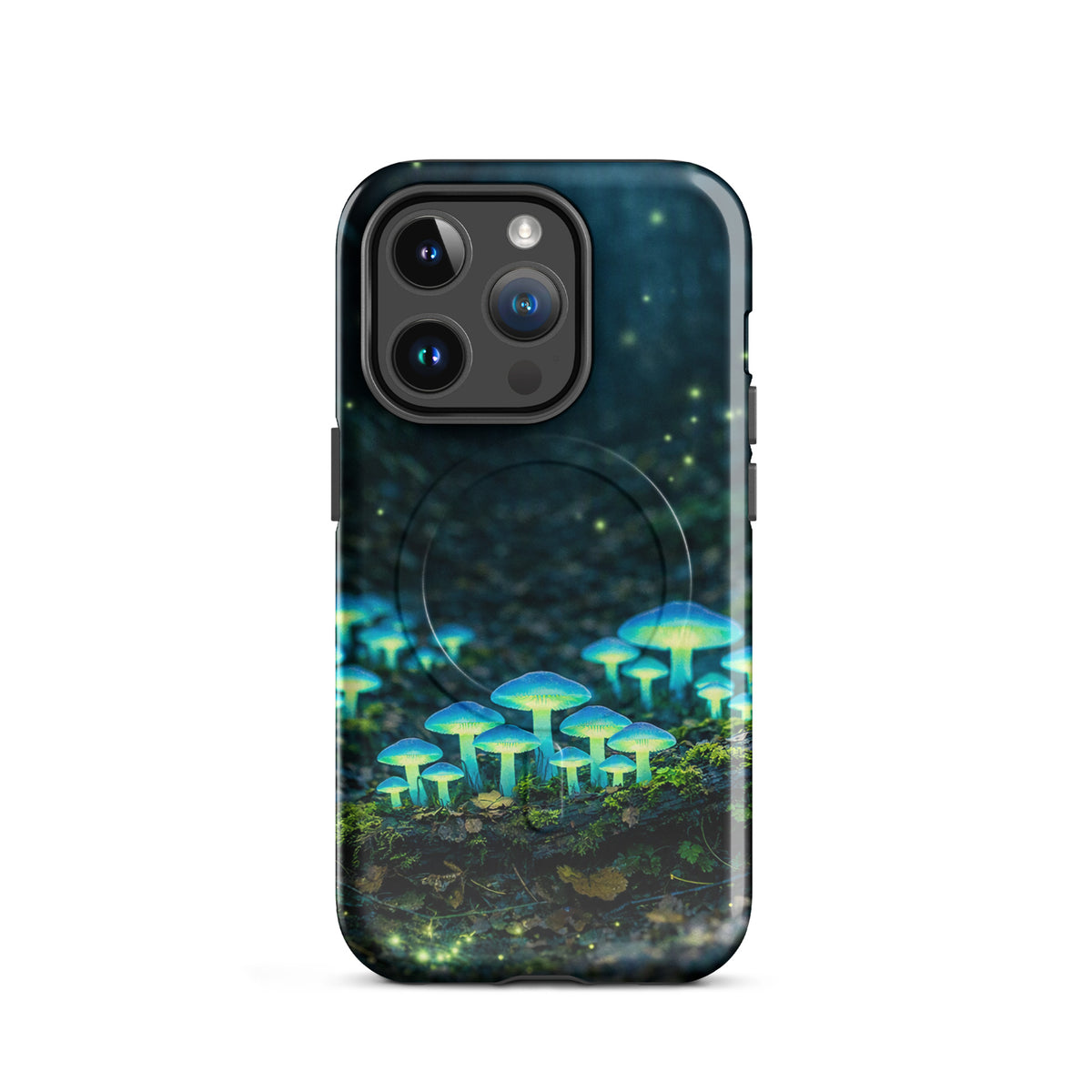 Magnetic Phone Case with bioluminescent mushrooms glowing blue-green in a mystical forest design for iPhone.