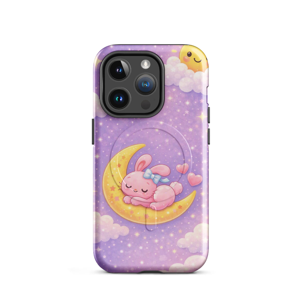 Magnetic Phone Case with dreamy bunny moon design, featuring pastel nighttime sky and cozy pink bunny on crescent moon.