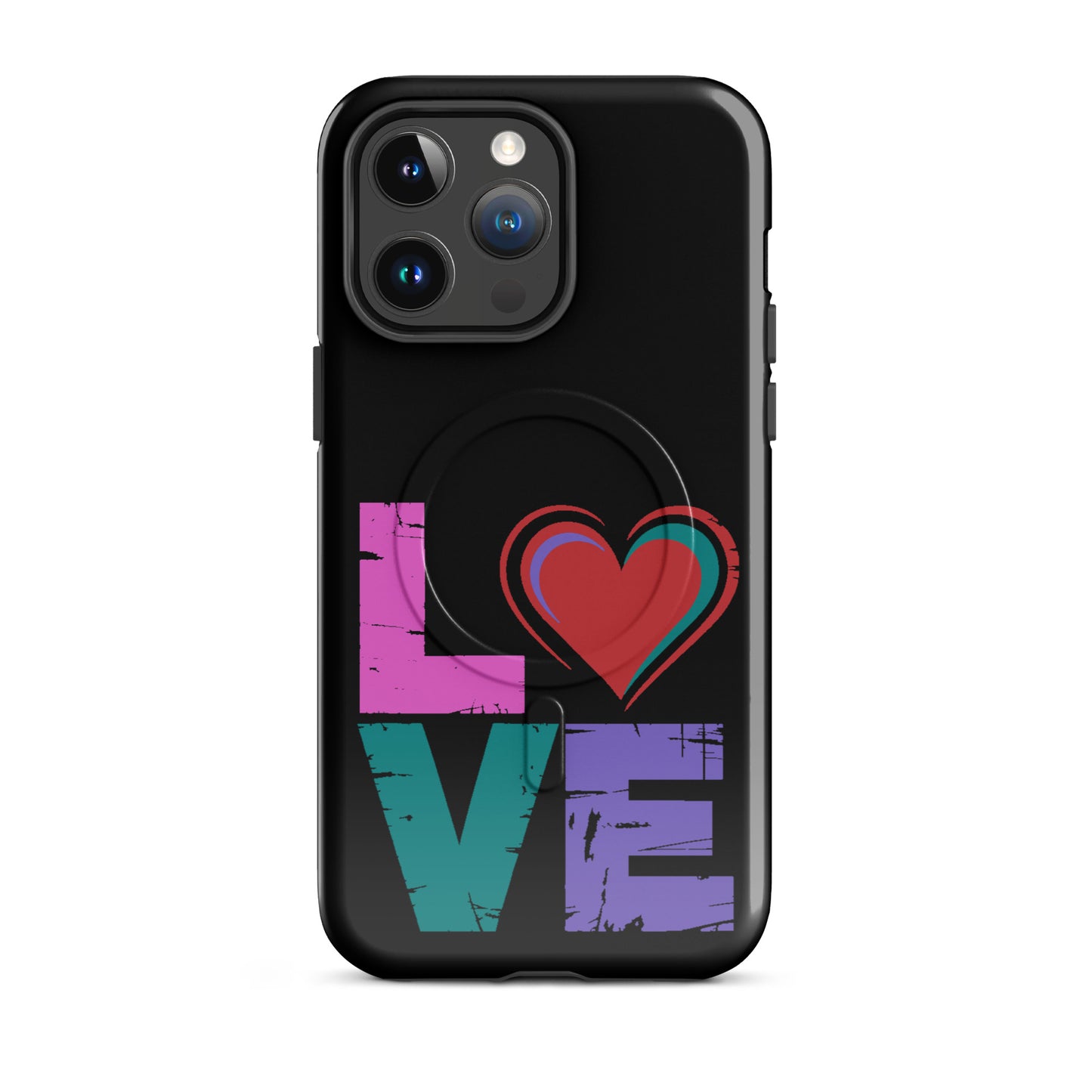 Love Magnetic Dual-Layer Tough Case for iPhone featuring a colorful 'LOVE' design with hearts.