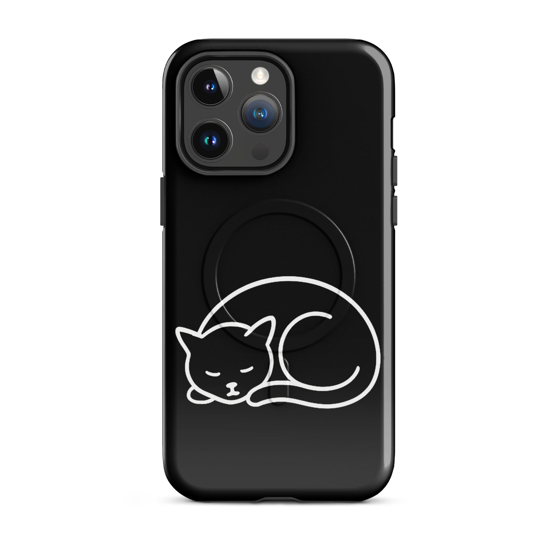 Magnetic Phone Case for iPhone featuring a minimalist curled-up cat design on a sleek black background.