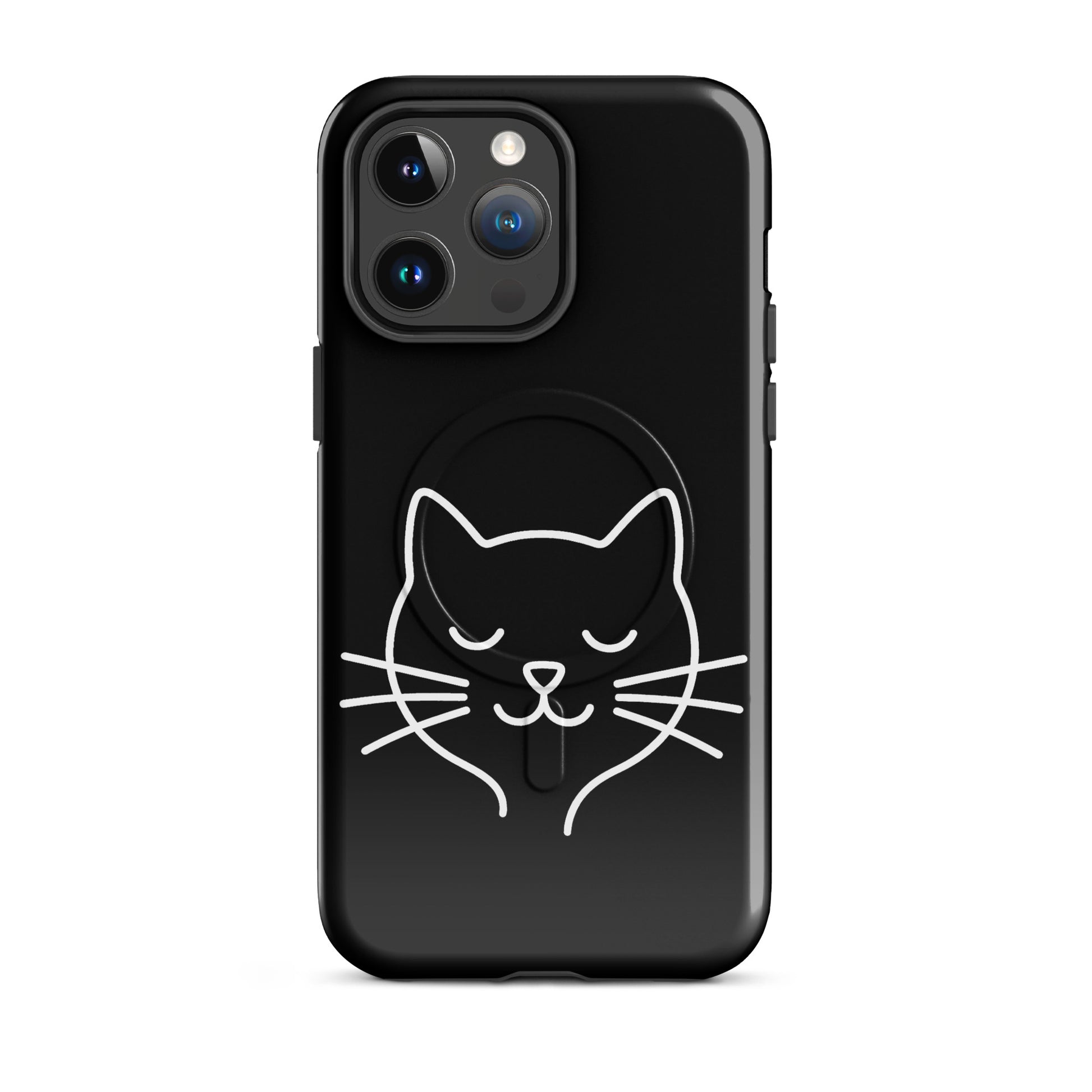 Magnetic Phone Case featuring cute minimalist cat line art design on a sleek black background.