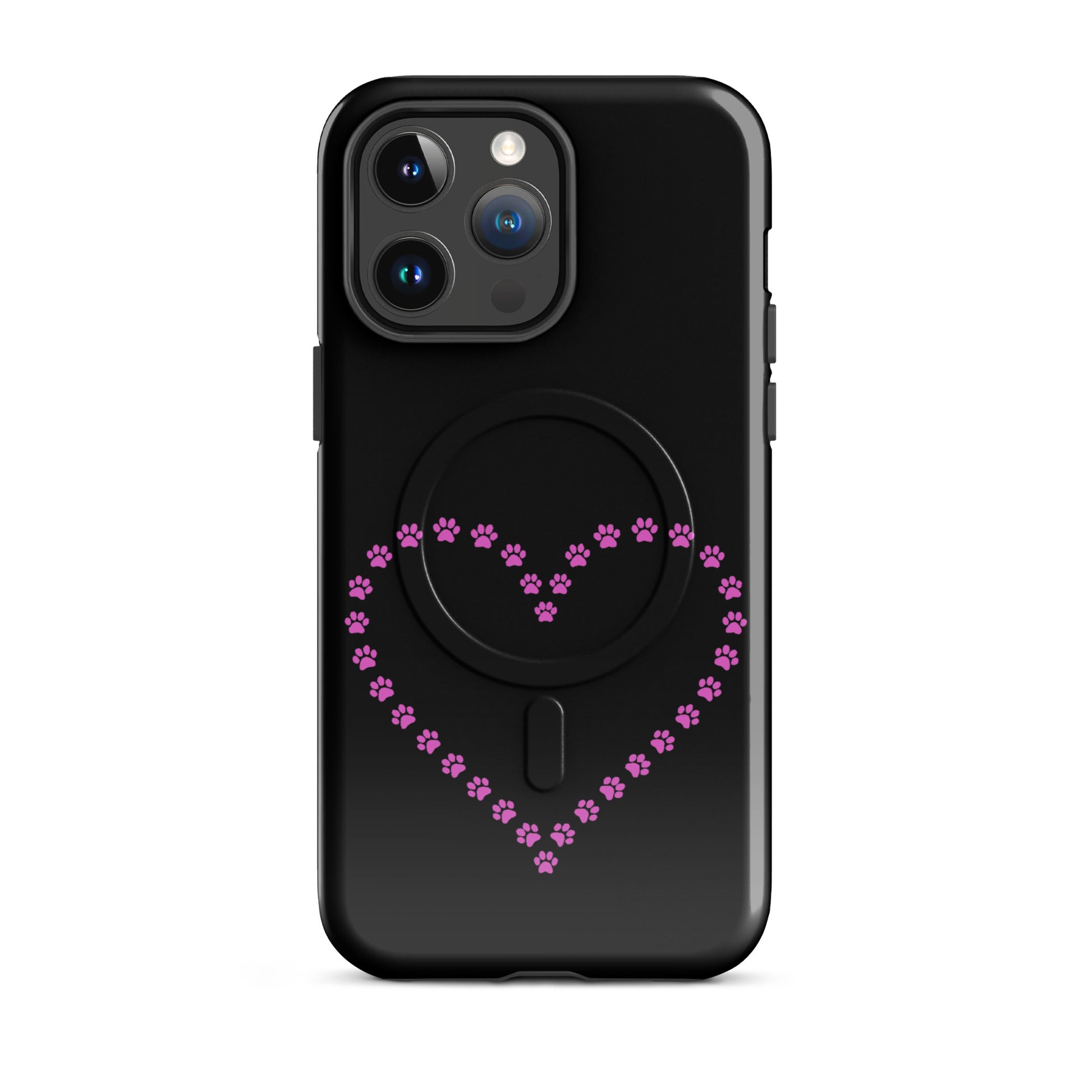 Magnetic Phone Case with pink paw print heart design for pet lovers on a black background.