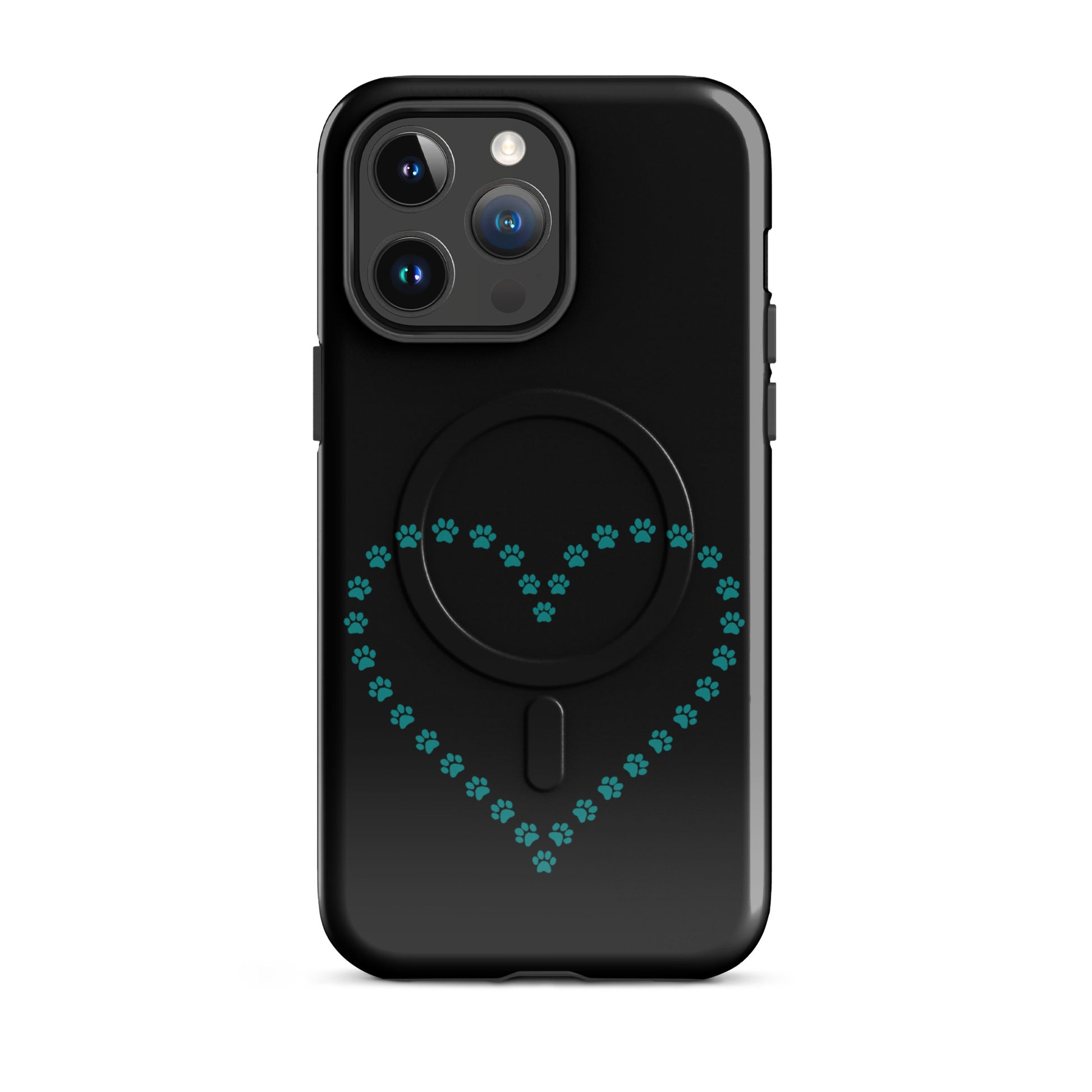 Magnetic Phone Case featuring paw print heart design in teal for pet lovers on a black background.