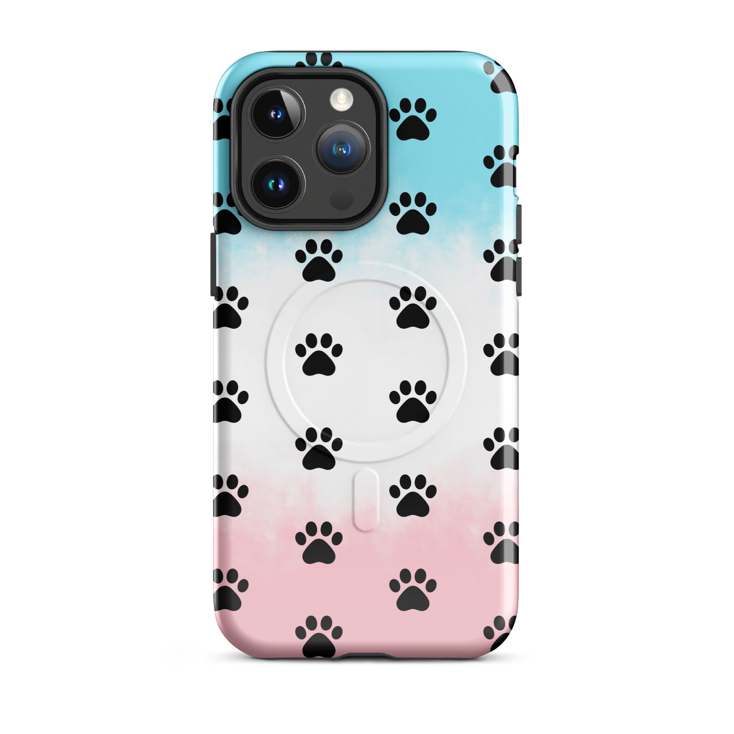 Magnetic Phone Case with paw print design for pet lovers, featuring a blue to pink gradient background.