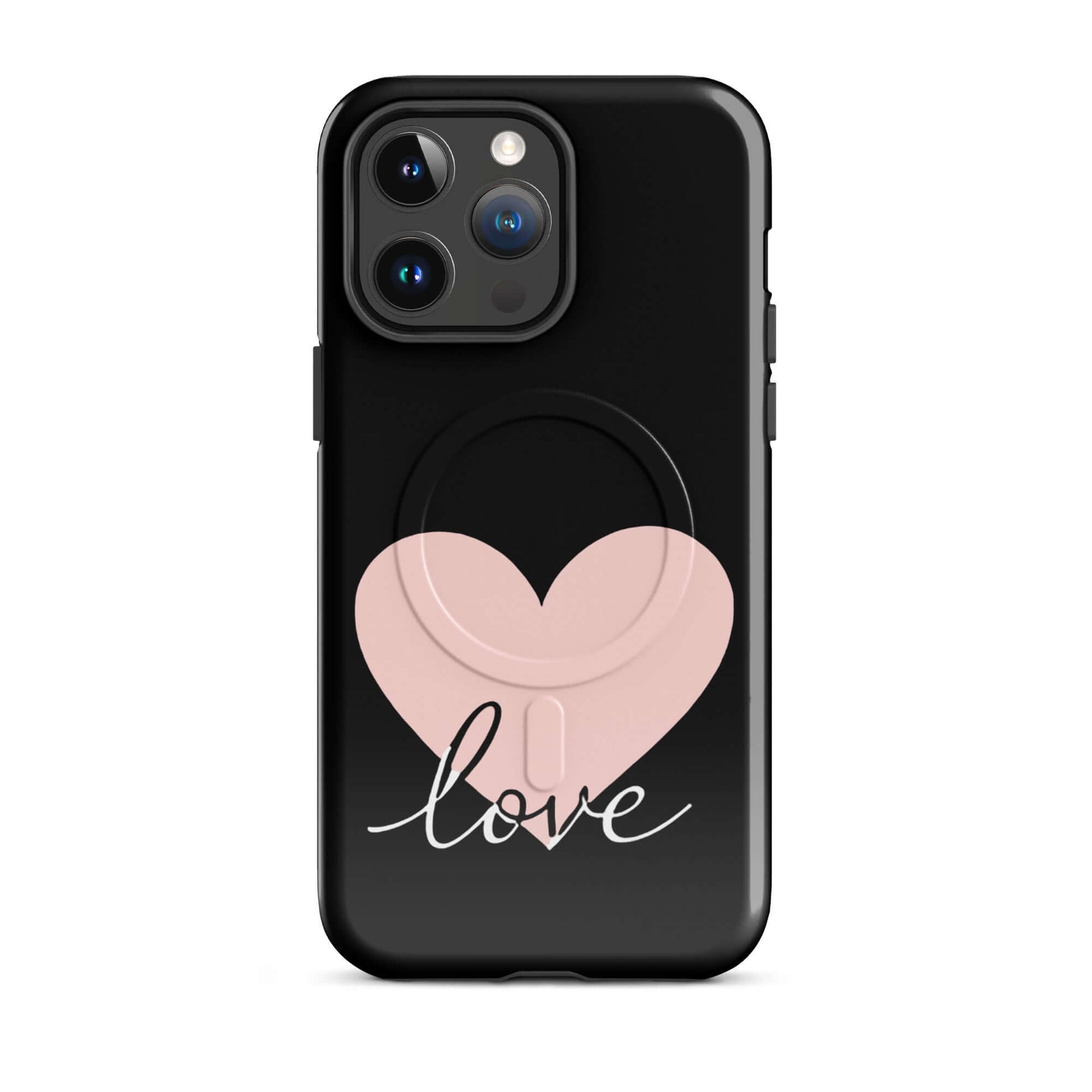 Magnetic Phone Case featuring a soft pink heart and the word 'love' in stylish script design.