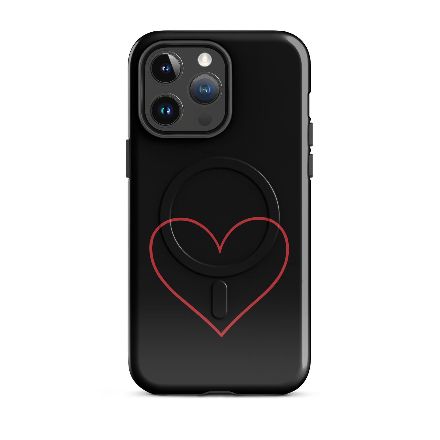 Magnetic Phone Case for iPhone featuring a minimalist crimson heart design on a sleek black background.