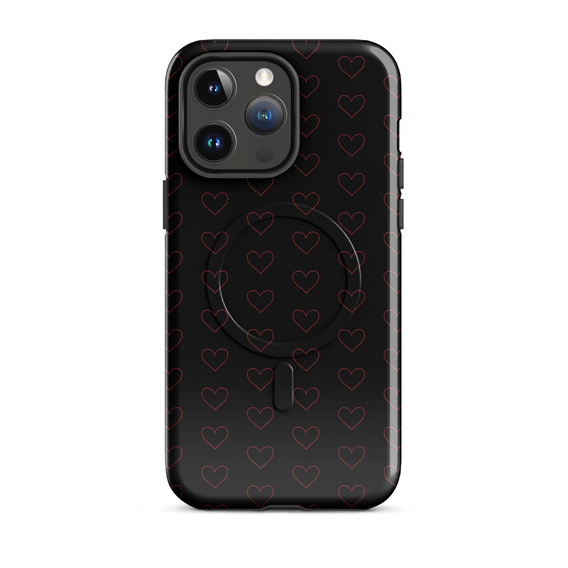 Magnetic Phone Case featuring a luxe crimson heart pattern design on a sleek black background.