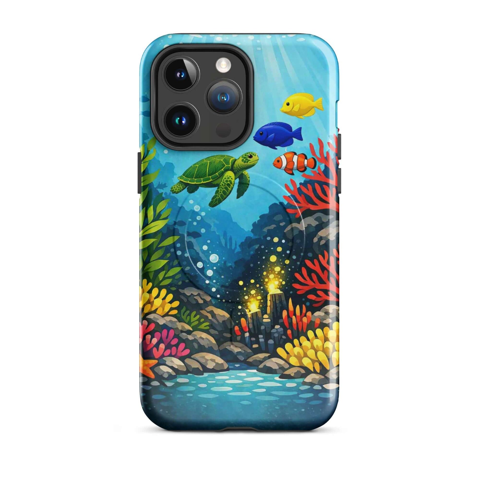Magnetic Phone Case featuring vibrant sea turtle and colorful coral reef design for iPhone.