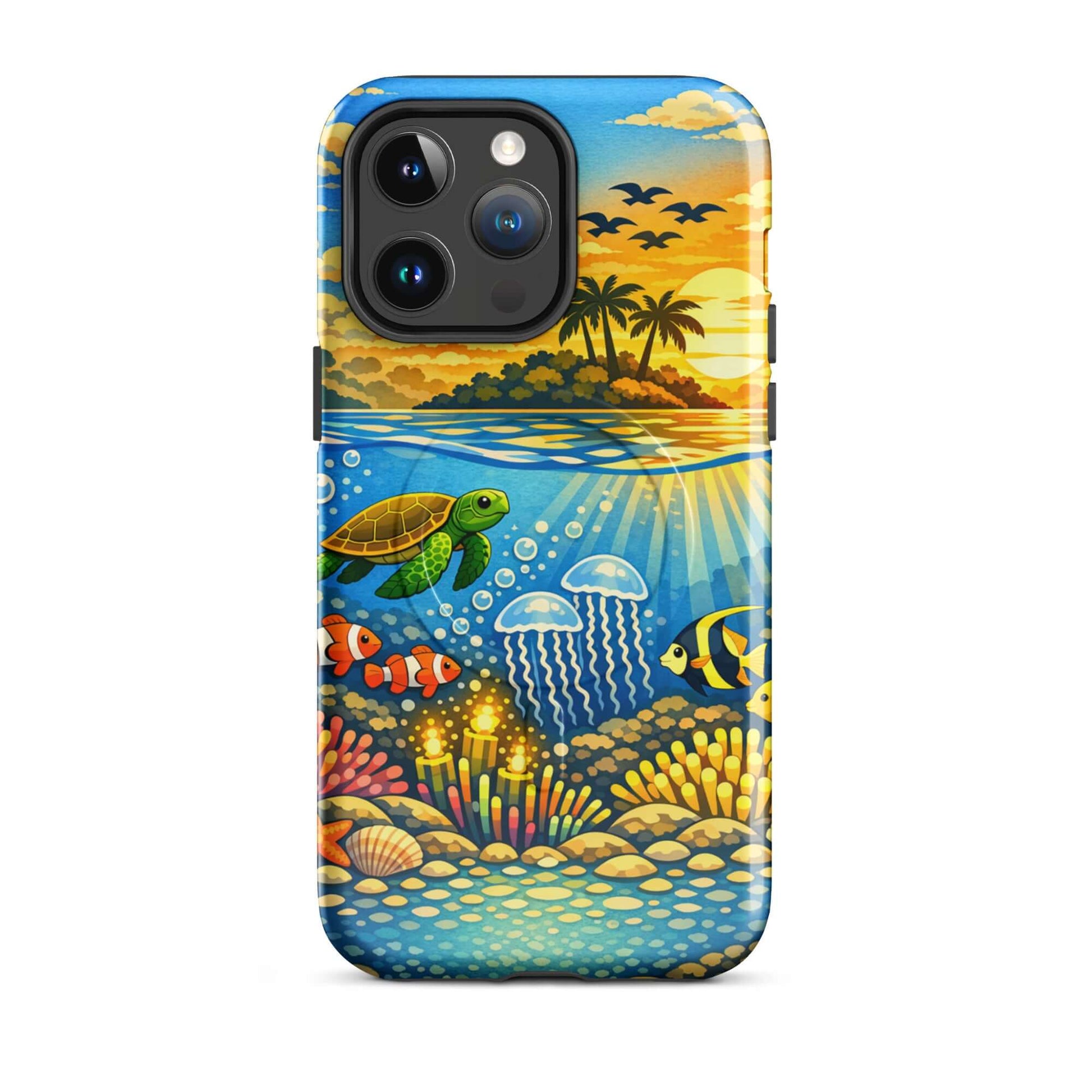 Magnetic Phone Case featuring a tropical sunset and vibrant underwater reef with sea turtles and clownfish.