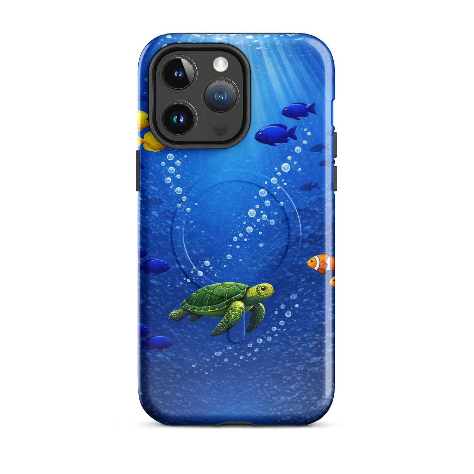 Magnetic Phone Case with sea turtle design and tropical fish in vibrant deep blue background.