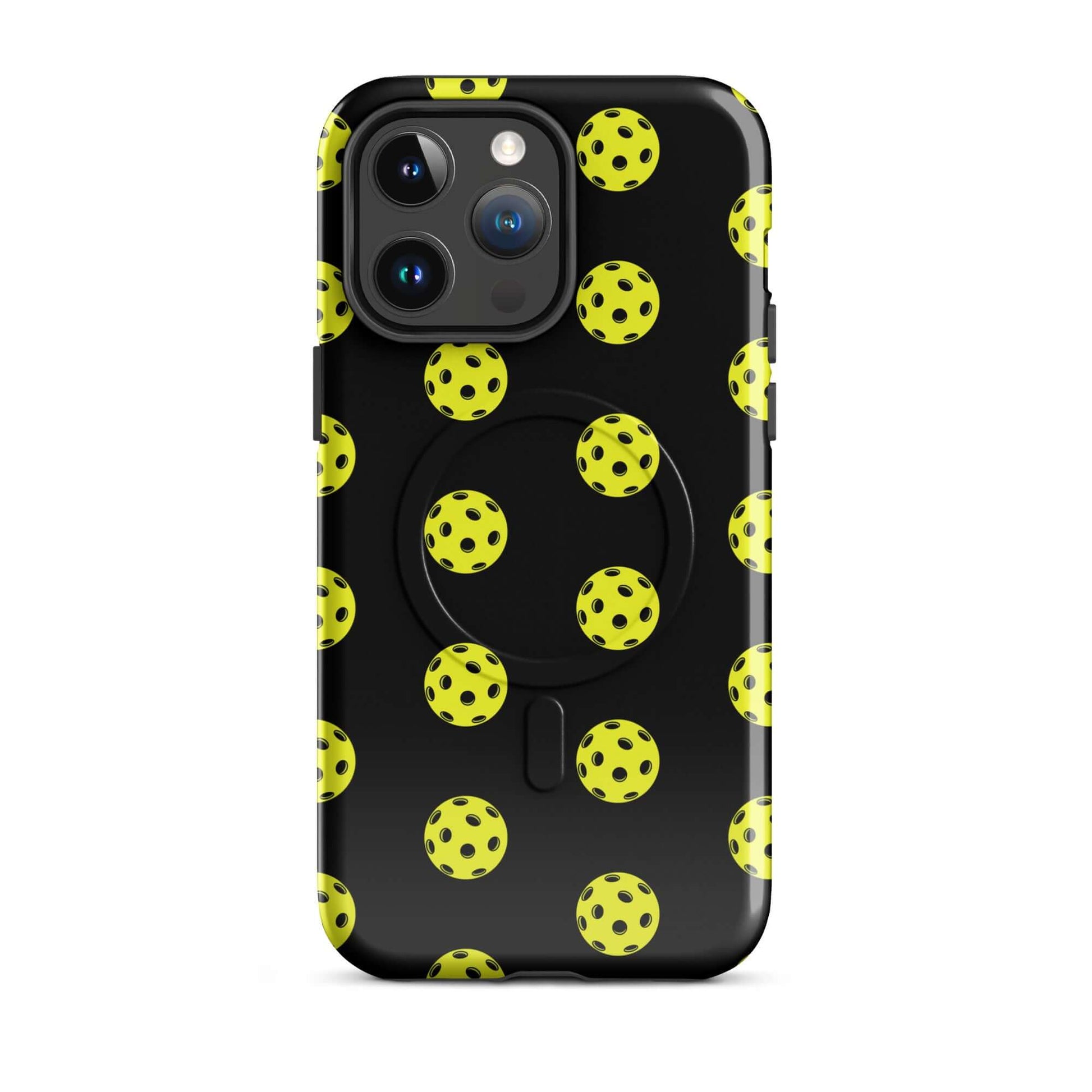 Magnetic Phone Case featuring a playful pickleball pattern with yellow balls against a black background.