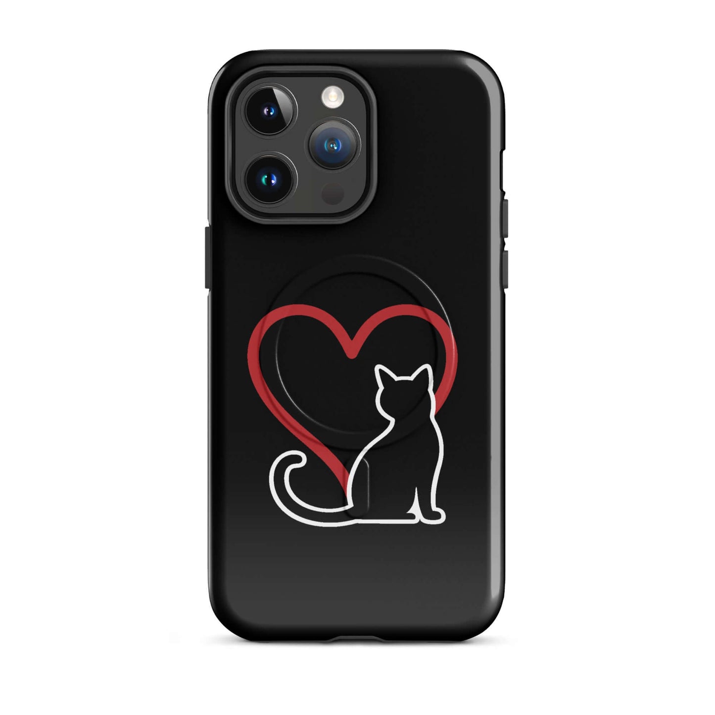 Magnetic Phone Case for iPhone featuring a minimalist black cat and red heart design for cat lovers.