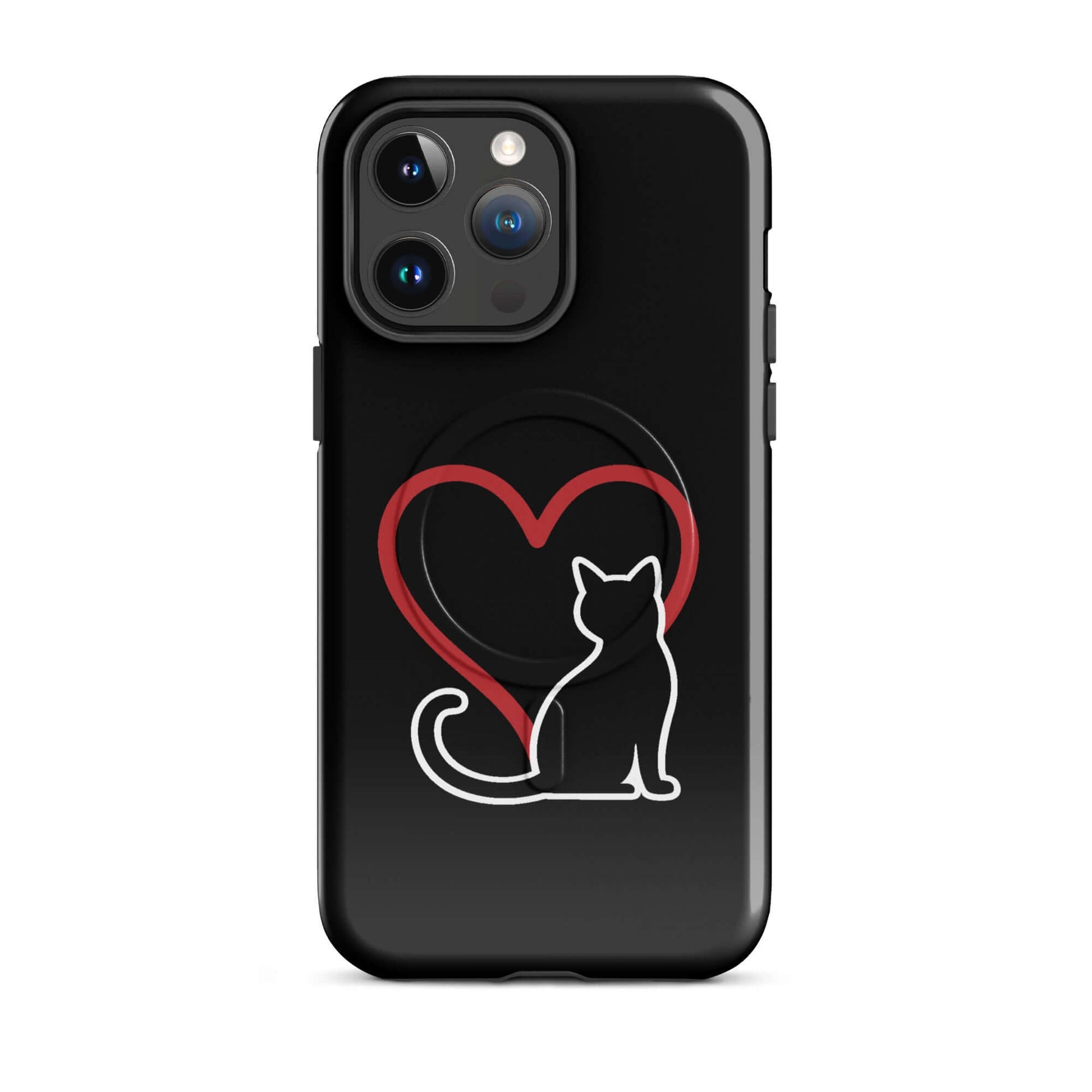 Magnetic Phone Case for iPhone featuring a minimalist black cat and red heart design for cat lovers.