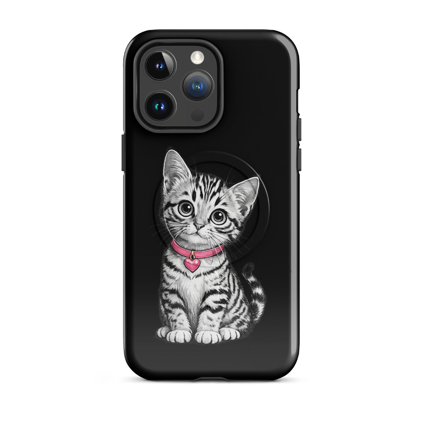 Magnetic Phone Case for iPhone with a cute kitten design featuring a pink collar and heart charm.