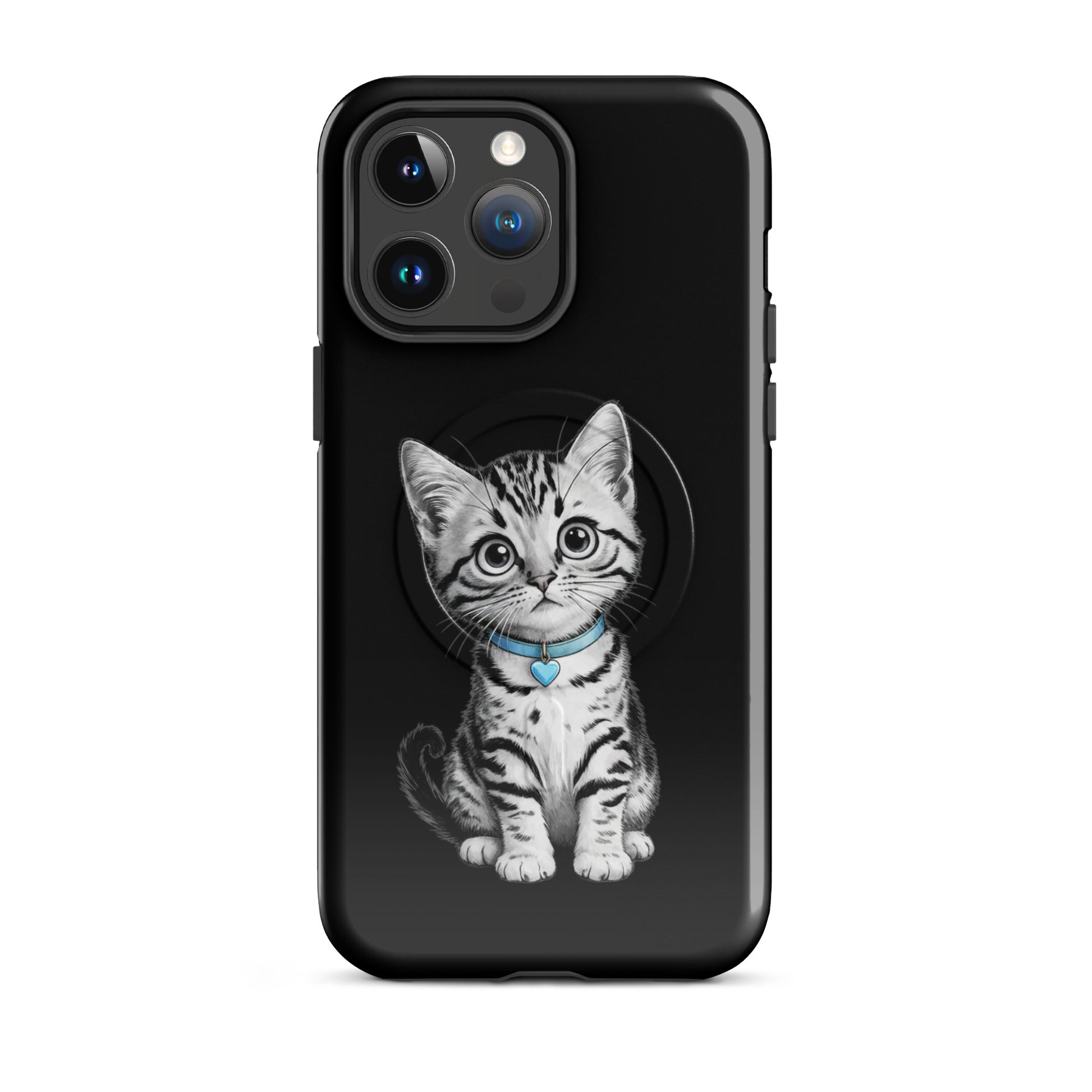 Magnetic Phone Case with pencil-sketch kitten design, blue collar, and heart charm for iPhone.