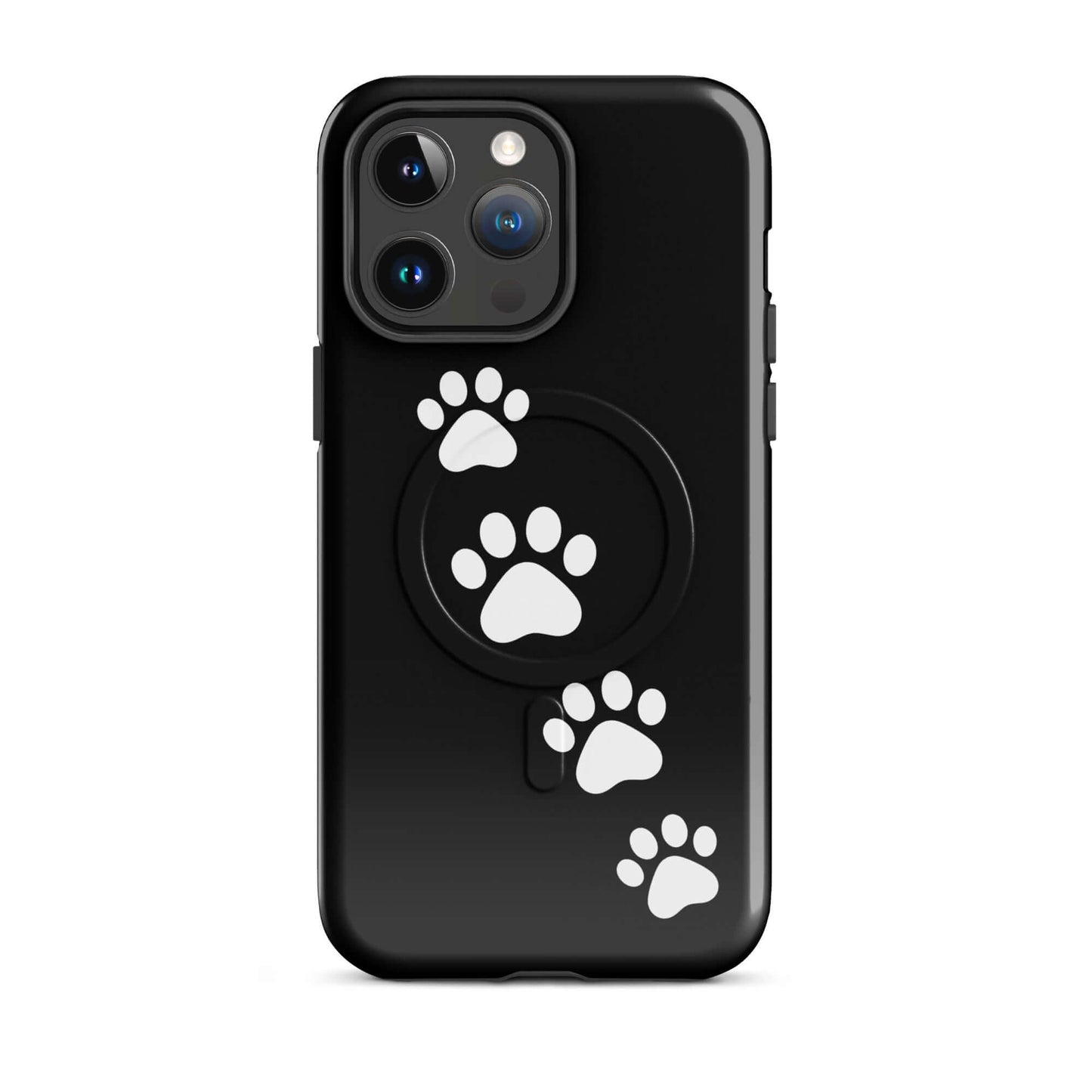 Magnetic Phone Case with white paw prints on black background, perfect for pet lovers and iPhone users seeking playful and modern design.