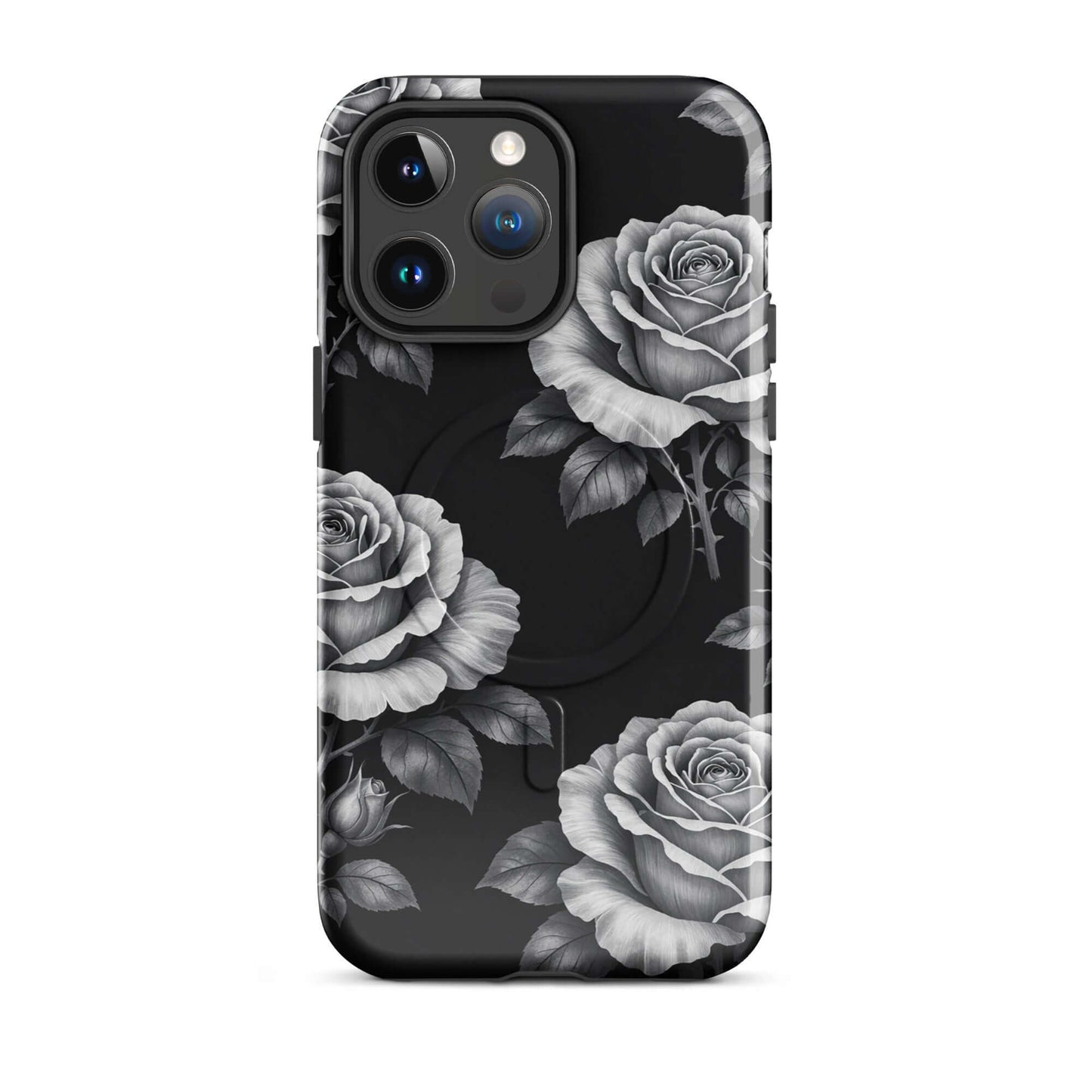 Magnetic Phone Case with rose garden design, featuring hand-sketched roses on a black background, elegant and protective for iPhone.