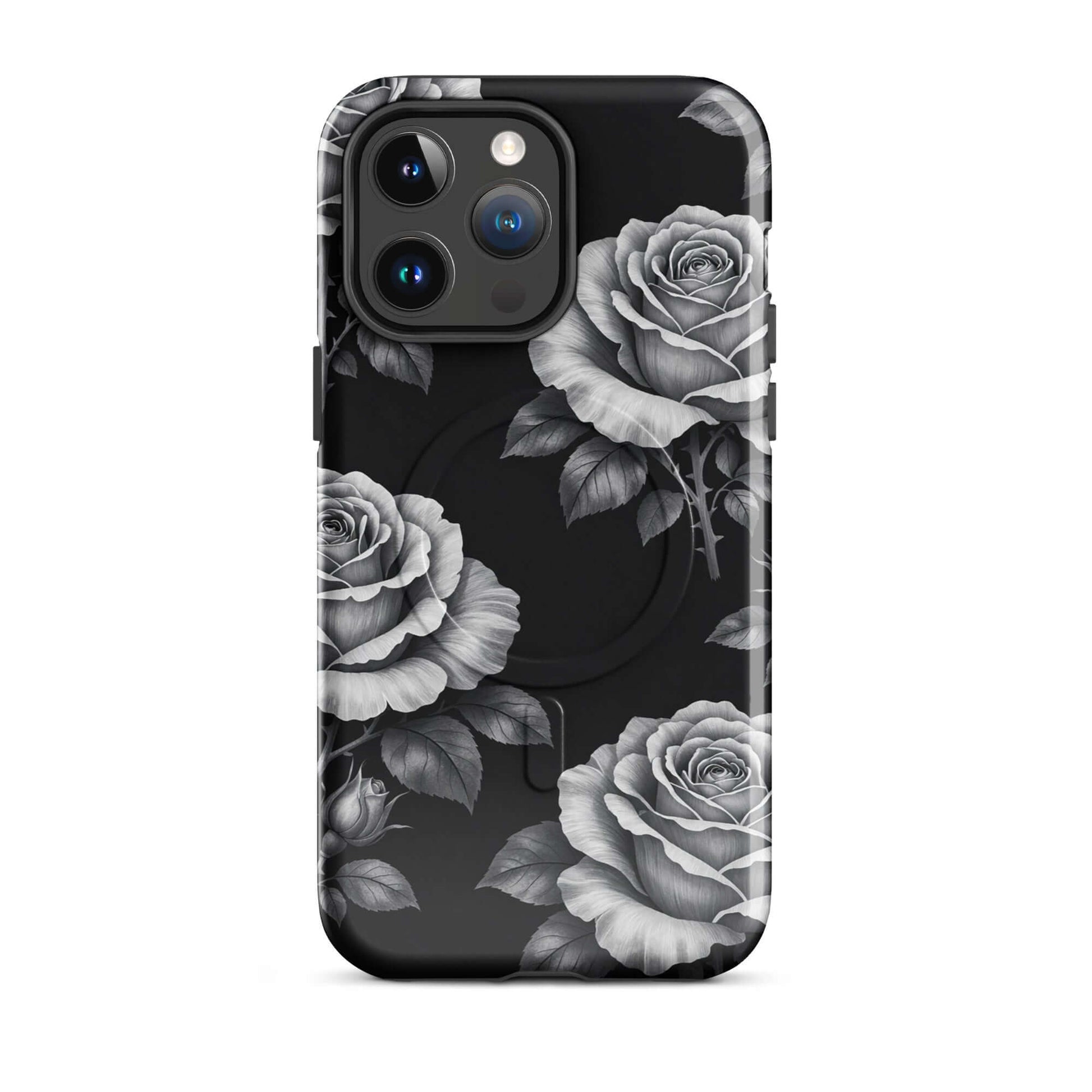 Magnetic Phone Case with rose garden design, featuring hand-sketched roses on a black background, elegant and protective for iPhone.