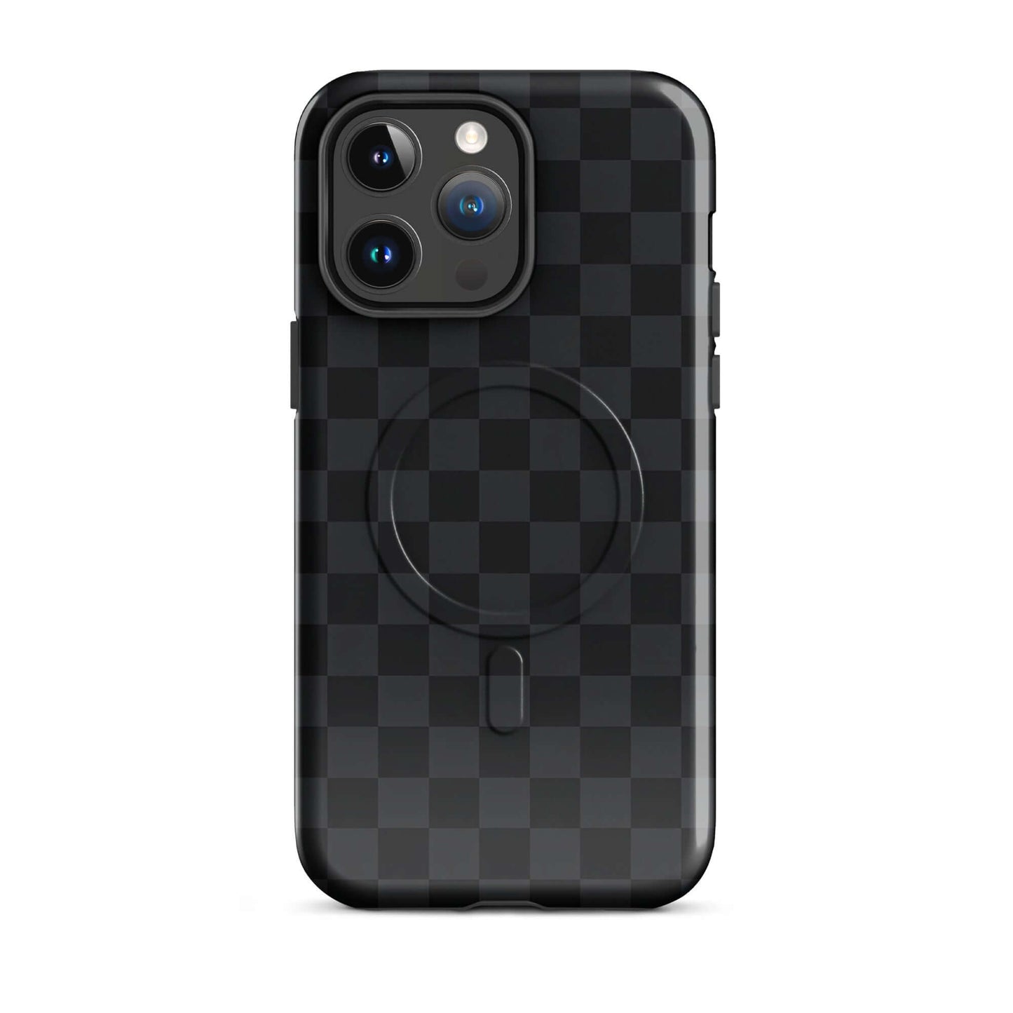 Magnetic Phone Case with black and charcoal checkered design for iPhone, sleek and modern protective accessory.