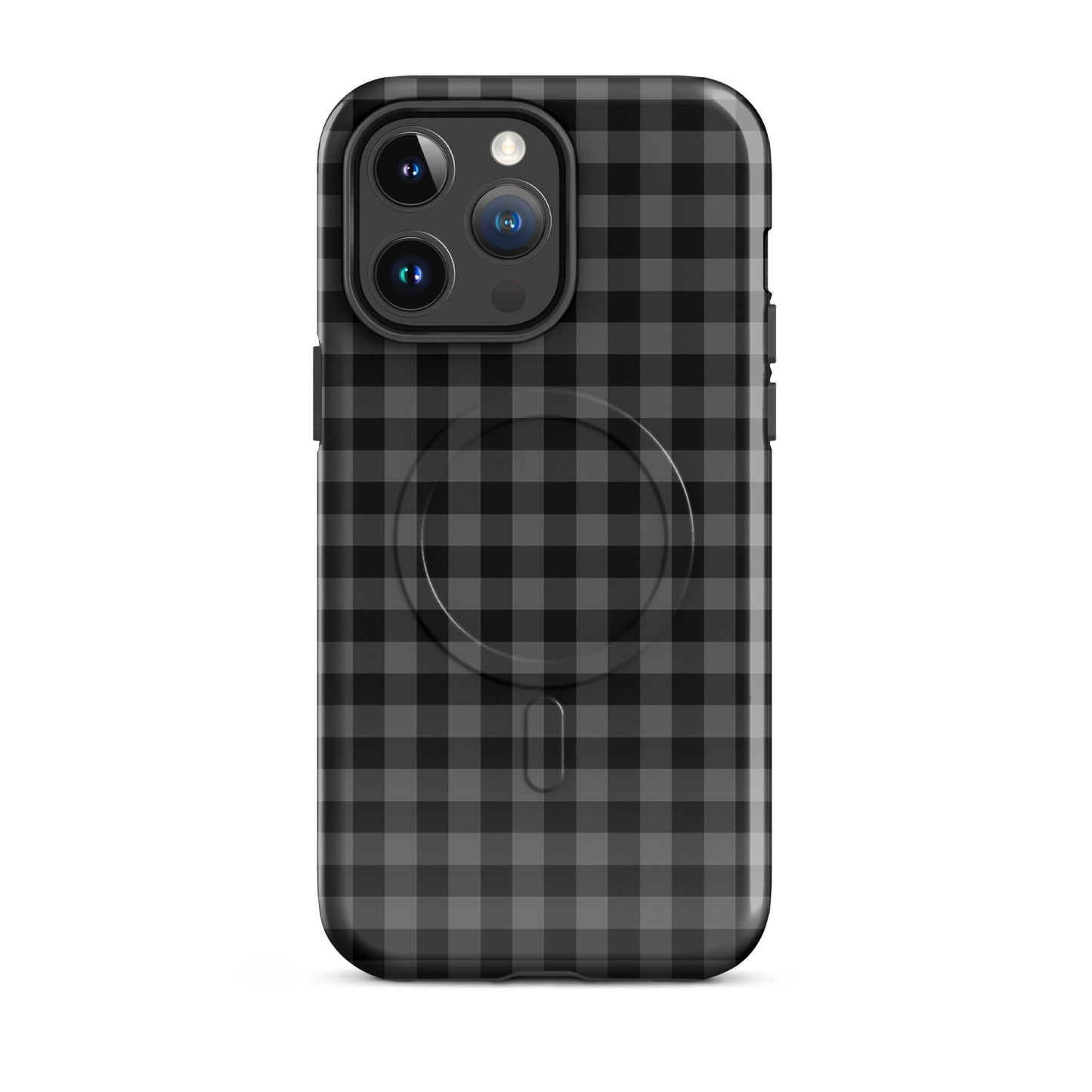 Magnetic Phone Case in black-charcoal gingham for iPhone, combines style and protection in modern design.