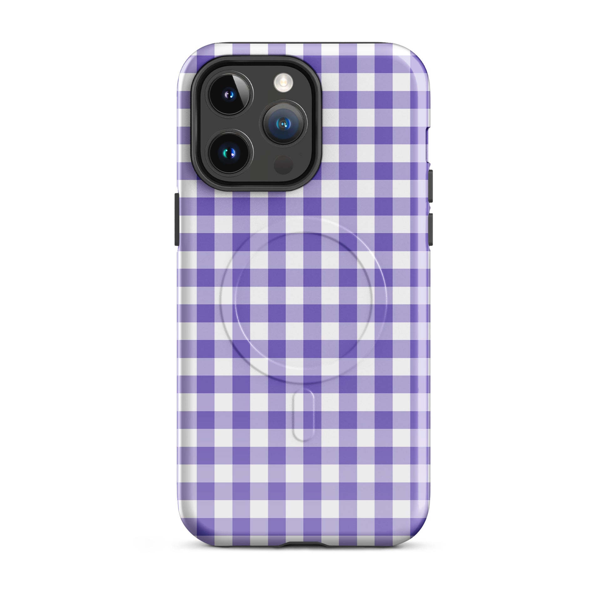 Magnetic Phone Case with purple-and-white gingham pattern for iPhone, stylish and protective accessory.