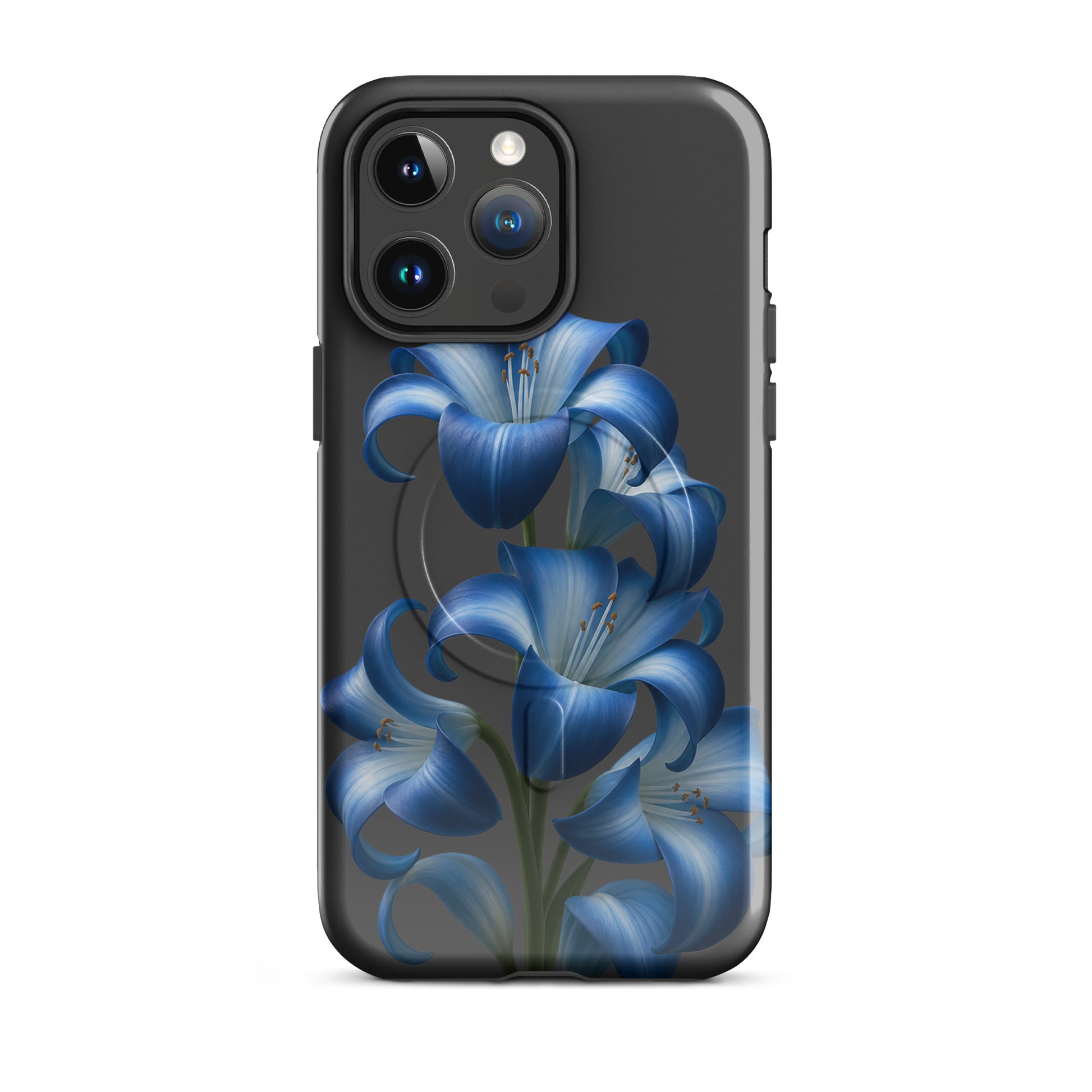 Magnetic Phone Case for iPhone featuring blue lily bloom design on black background, offering style and protection.