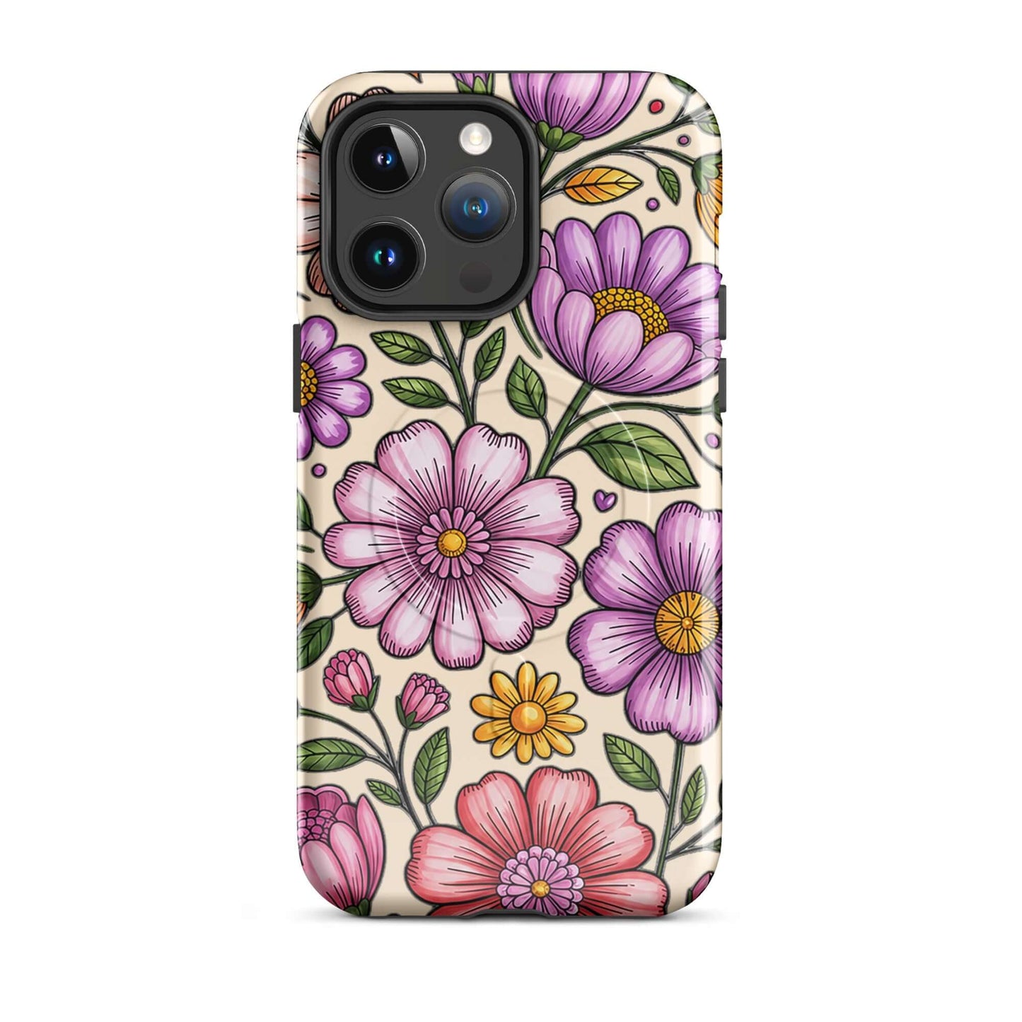 Magnetic Phone Case with pastel floral design featuring pink, peach, lavender, and yellow flowers on a durable polycarbonate shell.