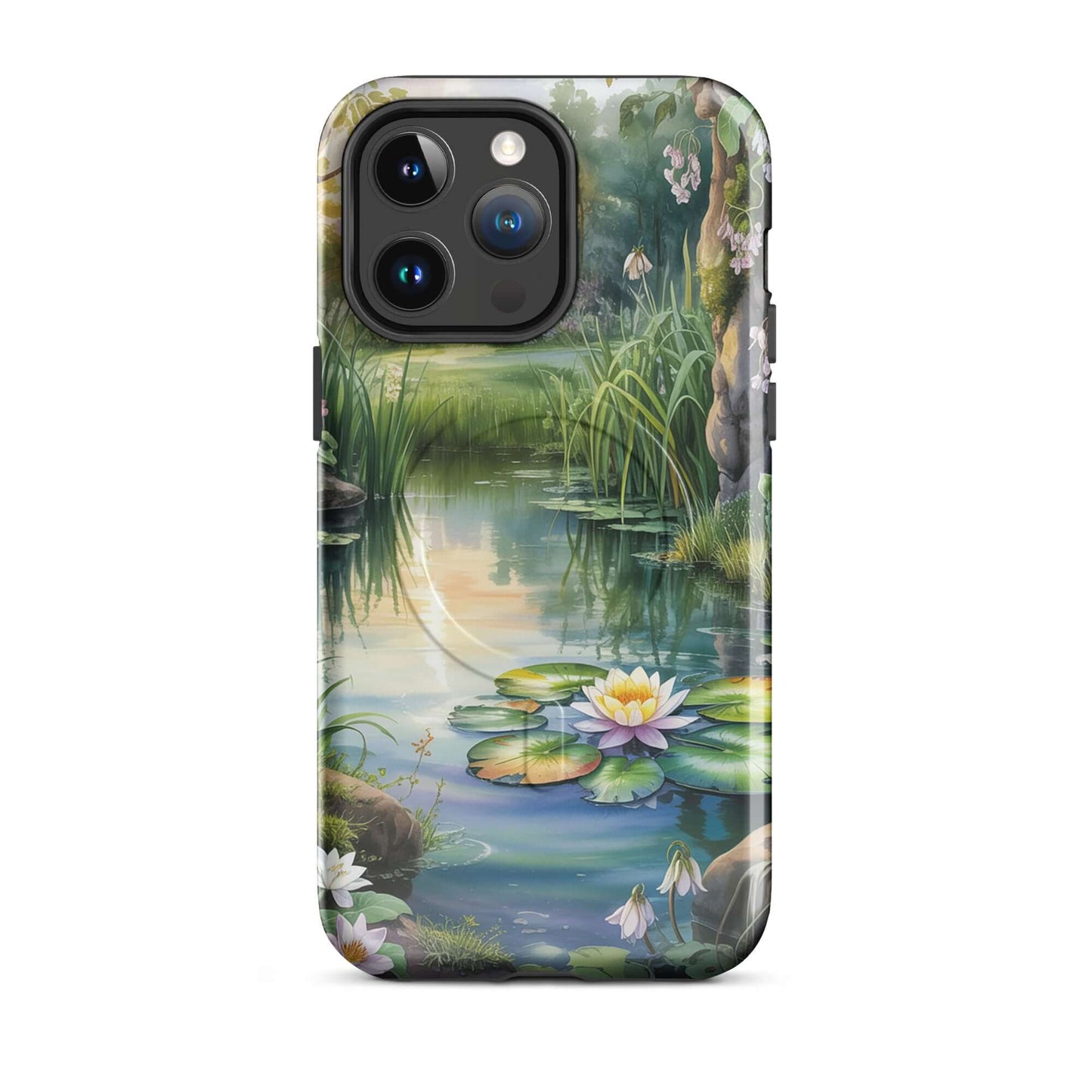 Magnetic Phone Case for iPhone with enchanted pond design and tranquil water lilies