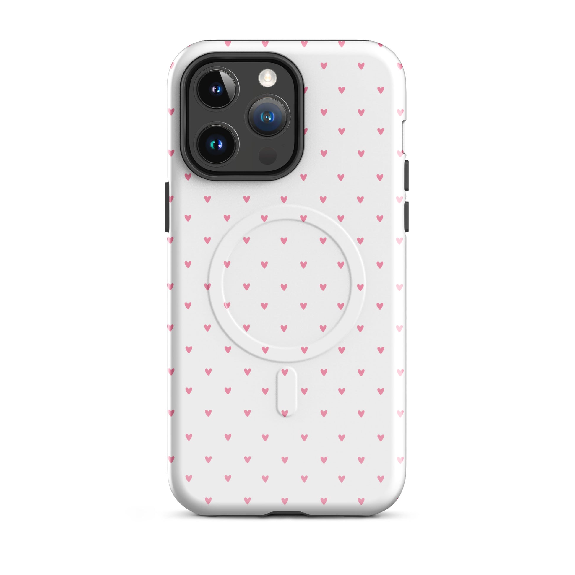 Magnetic Phone Case with heart-dot pattern for iPhone, featuring playful pink hearts on a white background.