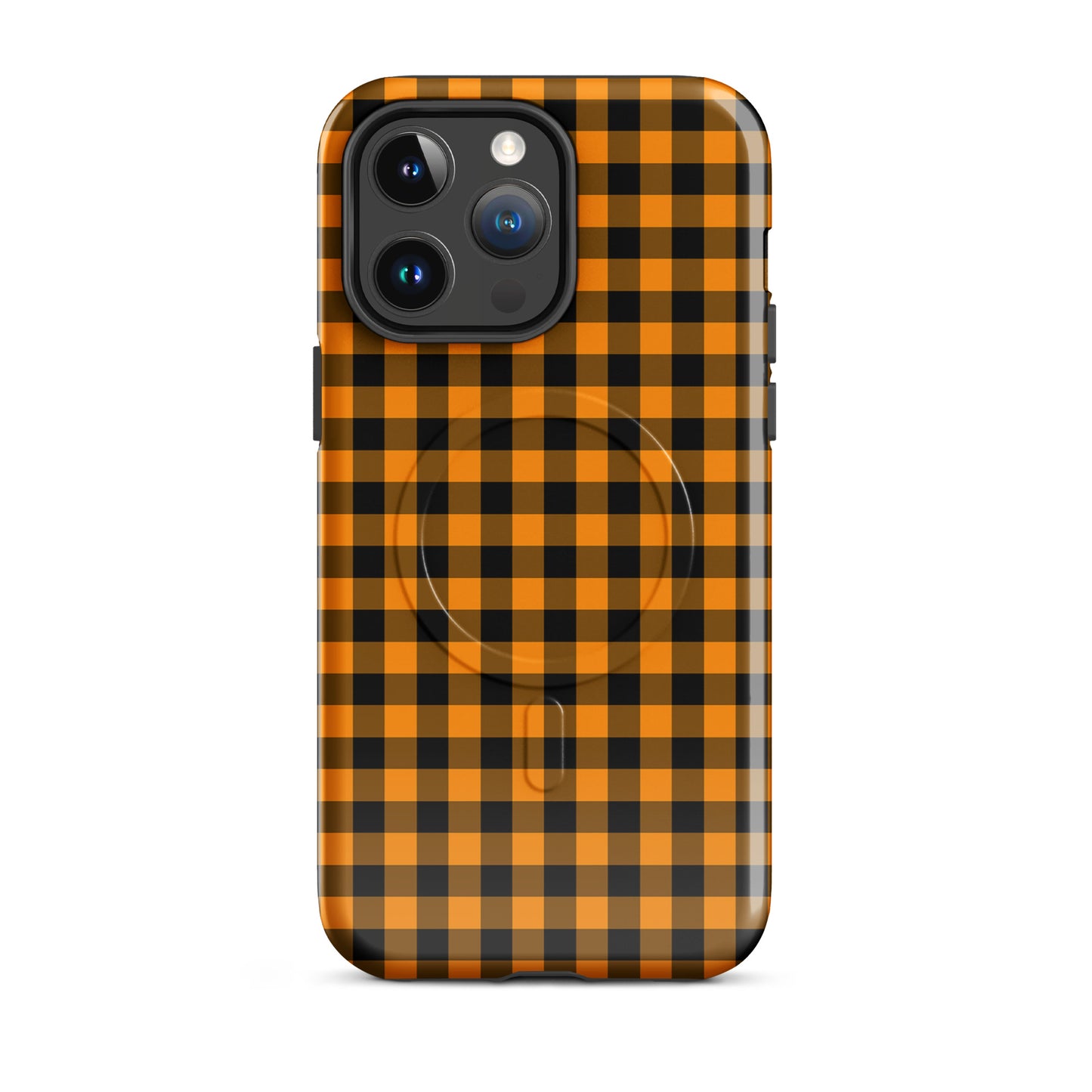 Magnetic Phone Case with black-and-orange gingham Autumn theme for iPhone, stylish durable accessory.