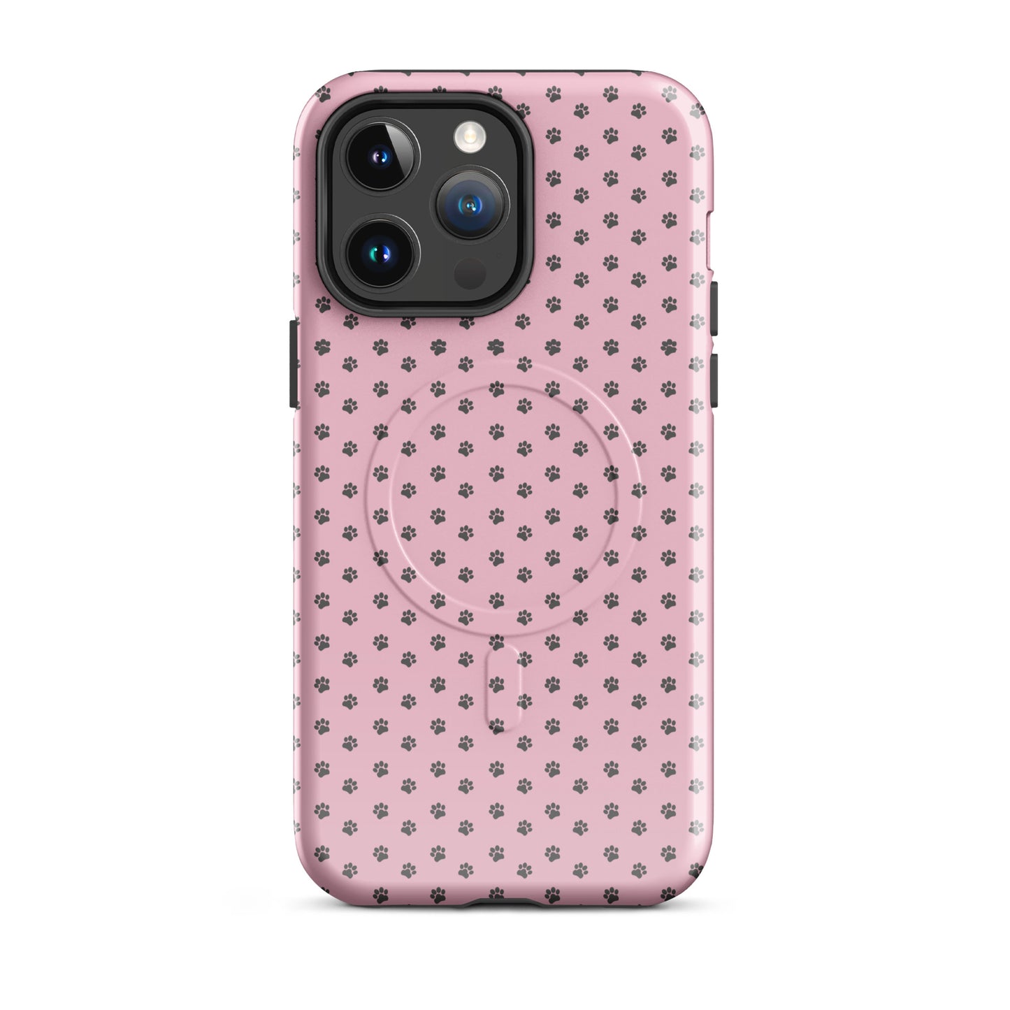 Magnetic Phone Case for iPhone with paw-print design in soft pink background, featuring playful pet theme and protective charm.